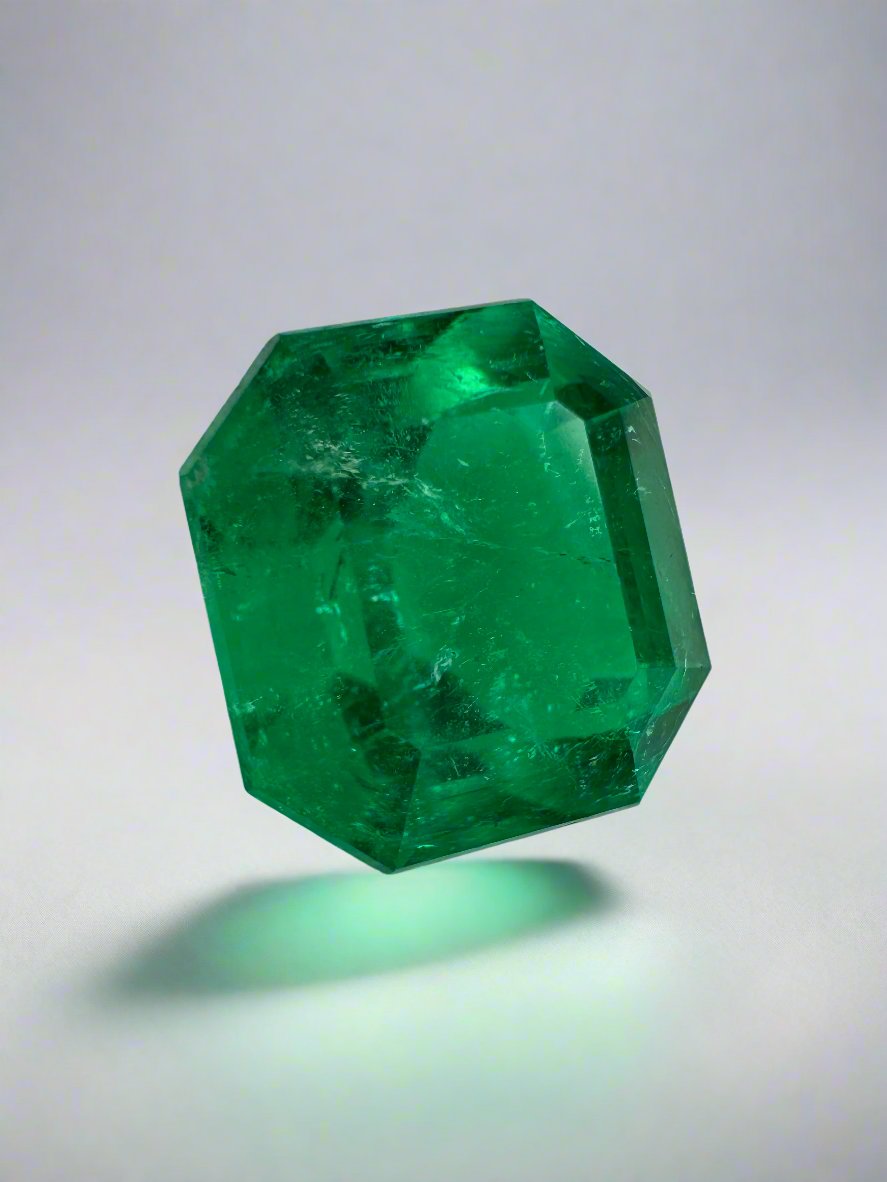 5.56 carat AAA Vivid Muzo Colombian emerald loose gemstone in emerald cut, showcasing vibrant green color and natural clarity.