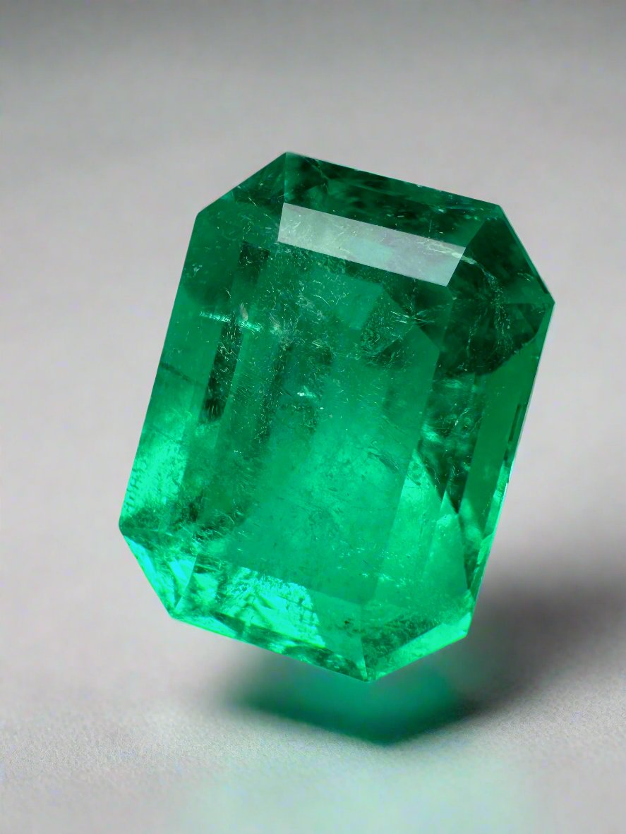 Vivid 5.71 carat Muzo green Colombian emerald loose stone in classic emerald cut, natural and vibrant, from JR Colombian Emeralds.