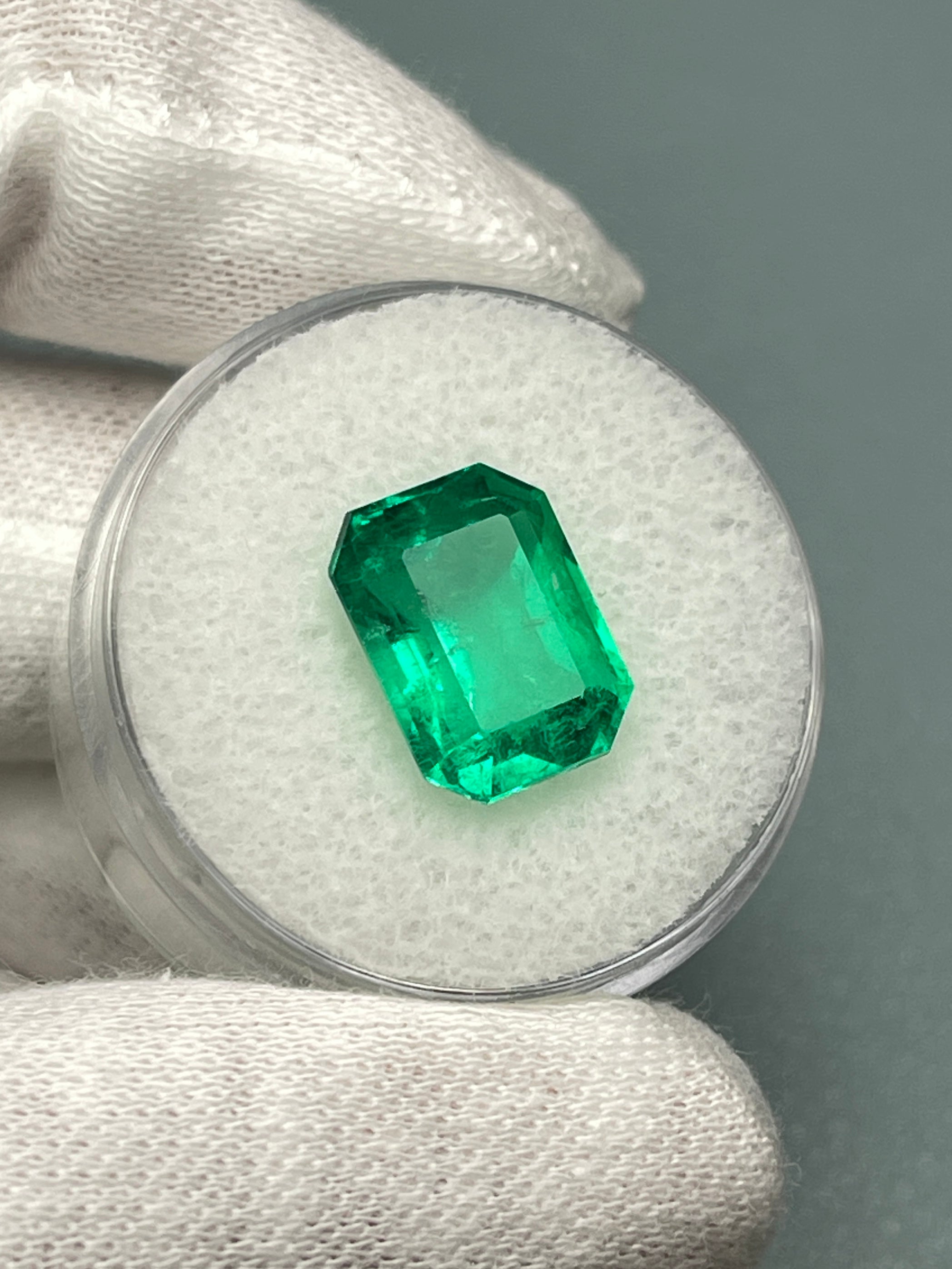 Vivid 5.71 carat Colombian emerald loose gemstone, 12x9 mm classic emerald cut, natural Muzo green from JR Colombian Emeralds