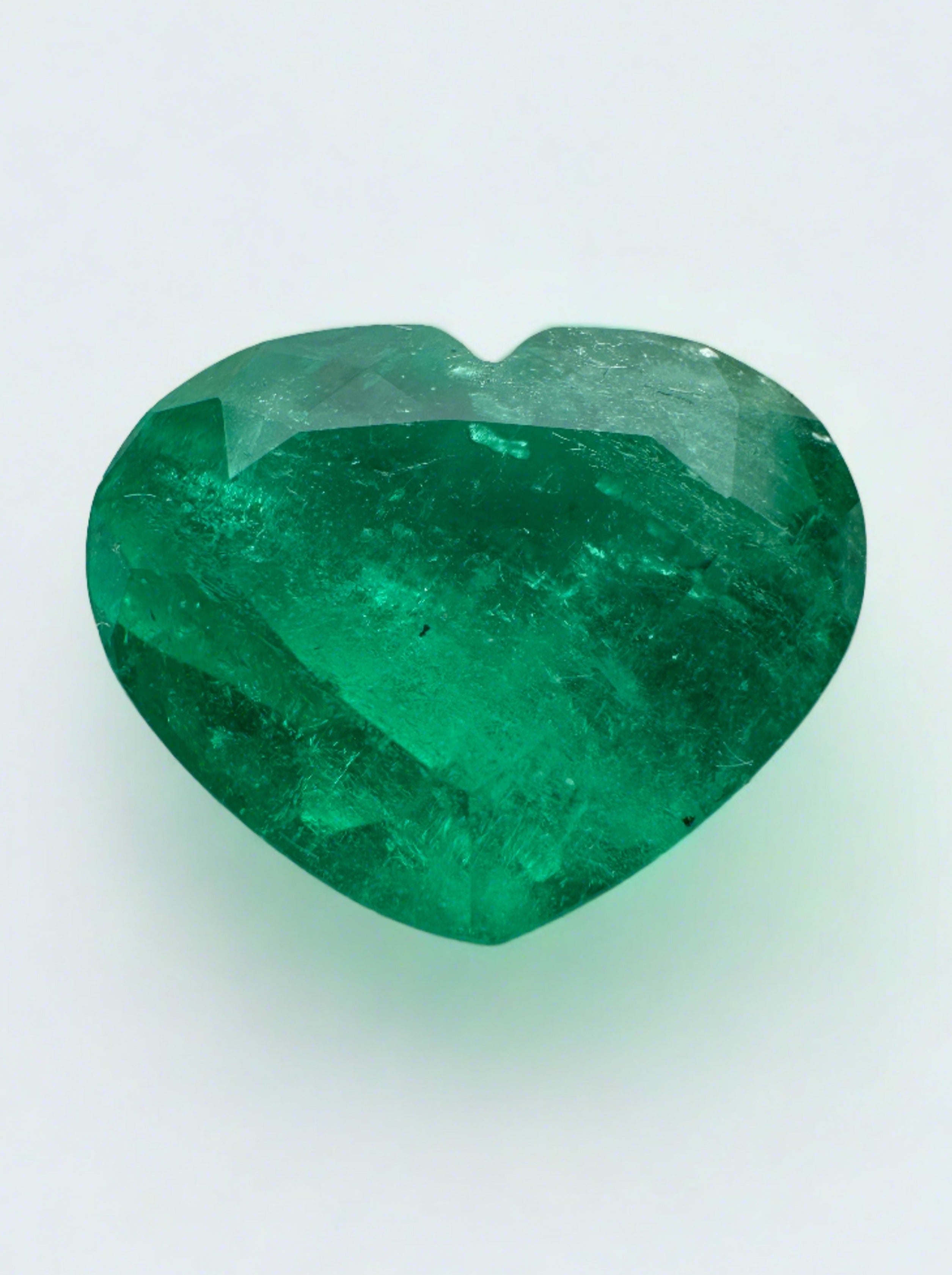 Bright green 5.80 carat natural Colombian emerald loose heart-cut gemstone by JR Colombian Emeralds.
