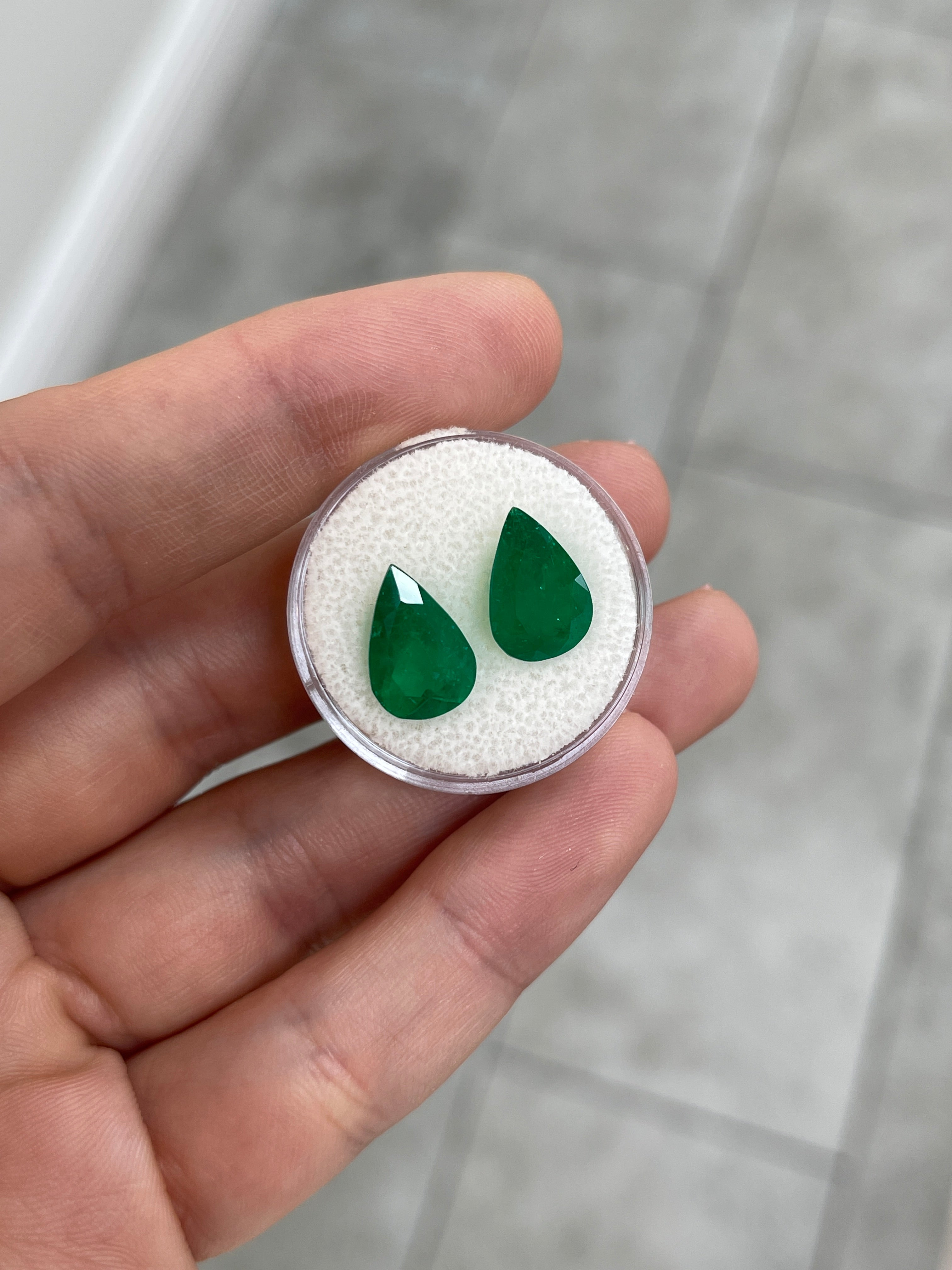 5.86tcw Muzo Green 12x8 Matching Pear Green Colombian Emeralds - JR Colombian Emeralds