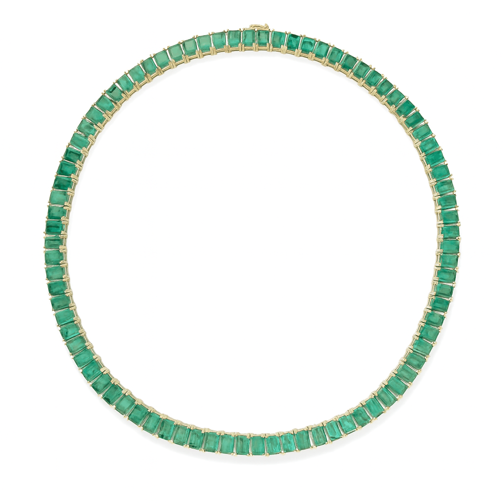 53tcw XL emerald cut tennis necklace in 14K yellow gold, 16.25 inches long with natural green emeralds