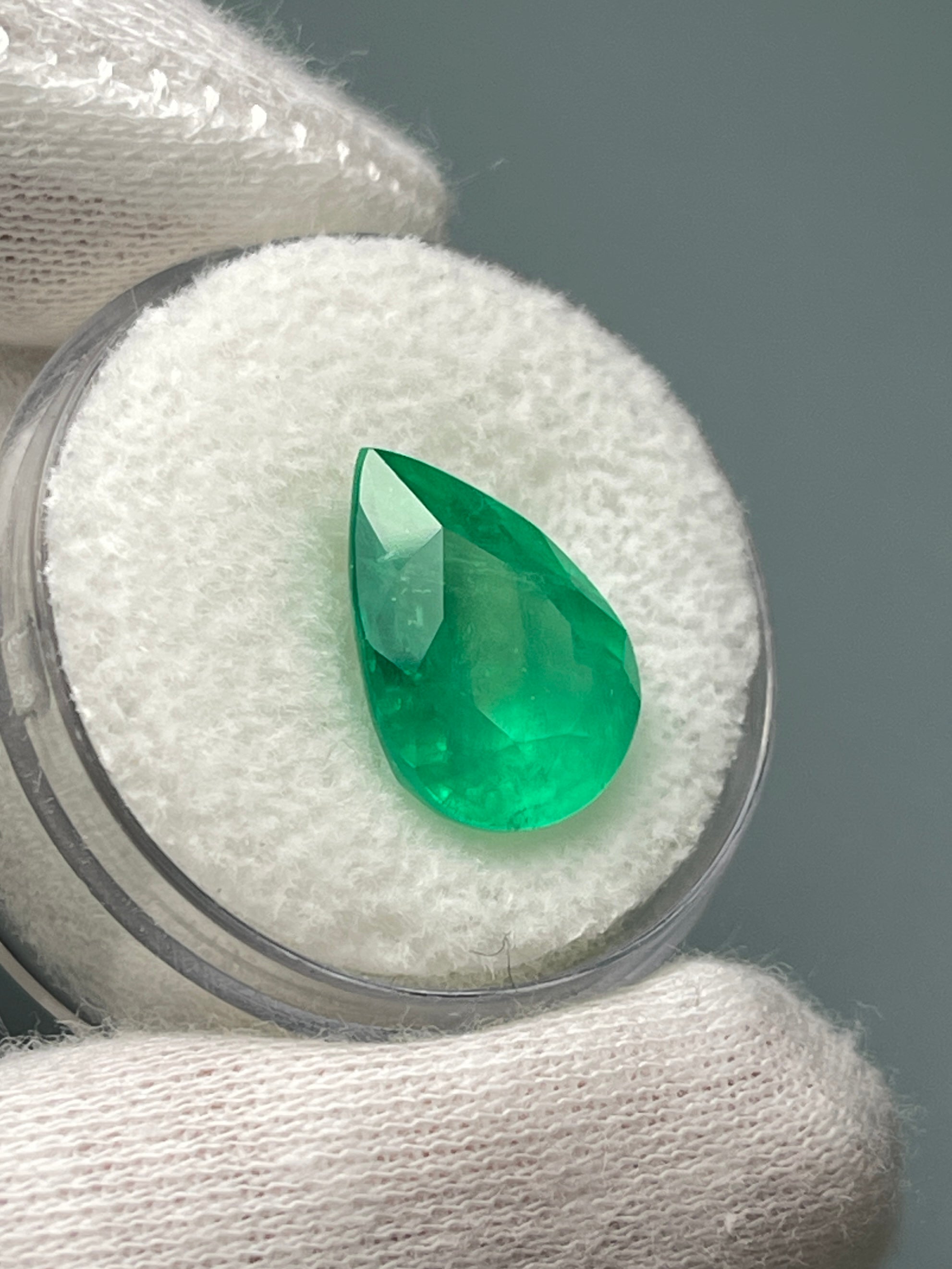 6.01 carat 14x10 Medium Yellowish Green Natural Loose Colombian Emerald-Pear Cut - JR Colombian Emeralds