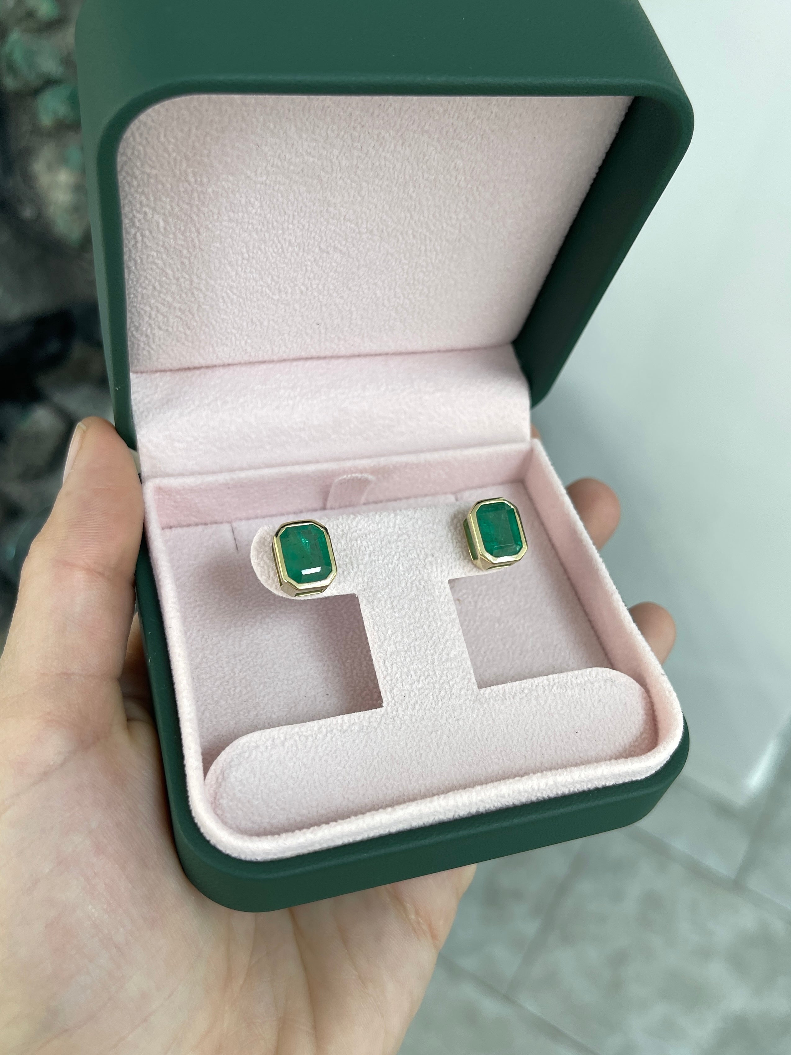 6.0tcw Earthy Natural Emerald Bezel Set Stud Earrings 18K - JR Colombian Emeralds