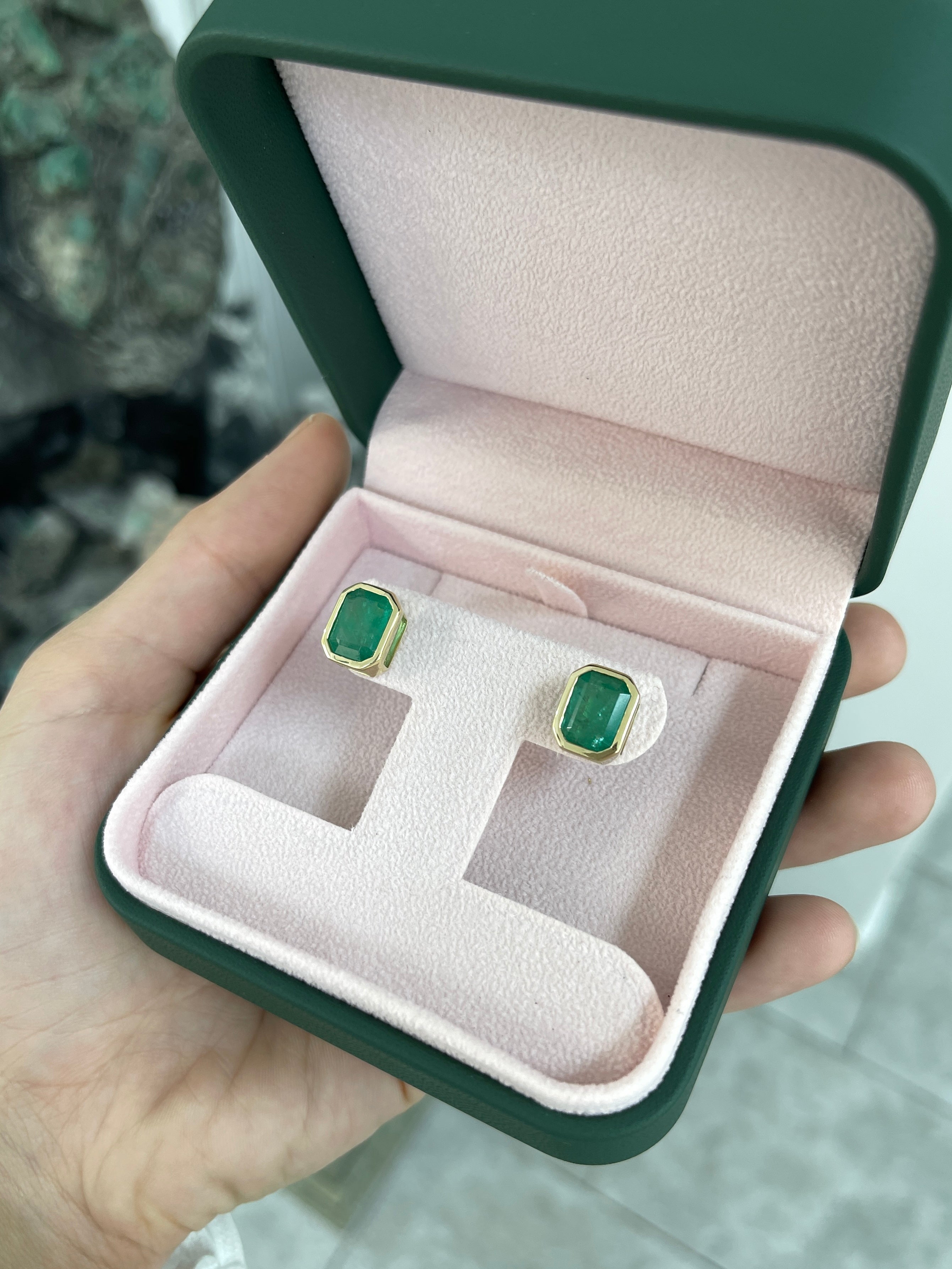 6.0tcw Earthy Natural Emerald Bezel Set Stud Earrings 18K - JR Colombian Emeralds