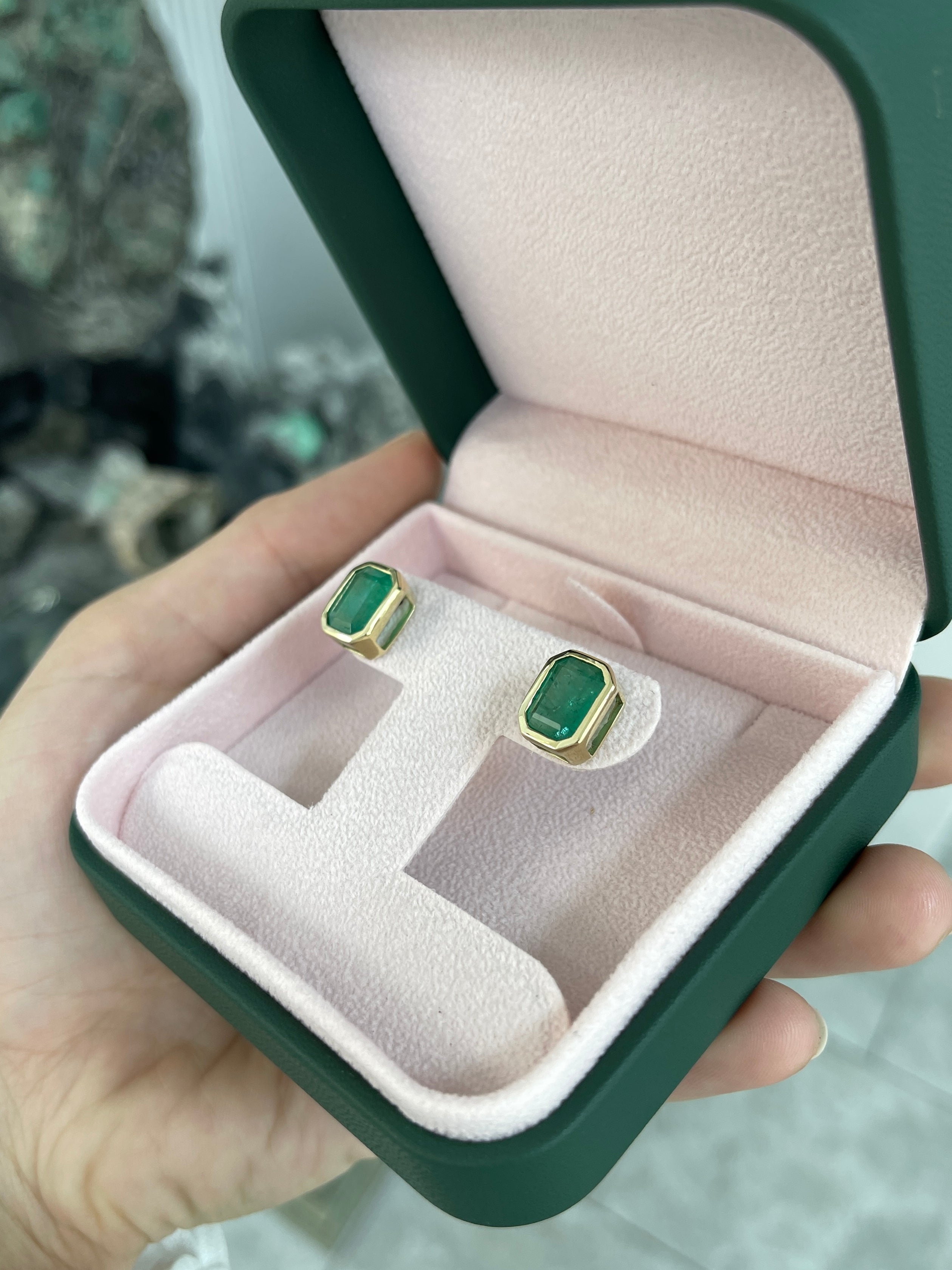 6.0tcw Earthy Natural Emerald Bezel Set Stud Earrings 18K - JR Colombian Emeralds
