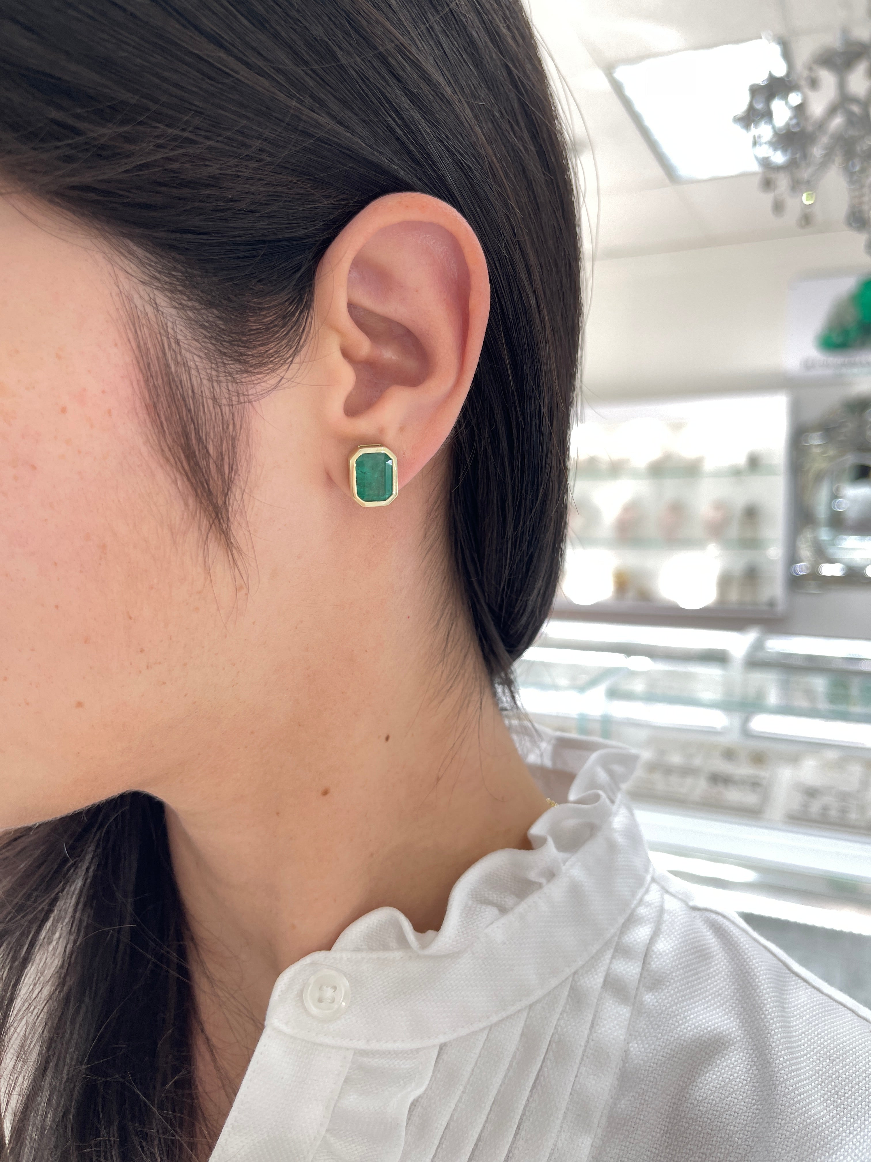 6.0tcw Earthy Natural Emerald Bezel Set Stud Earrings 18K - JR Colombian Emeralds