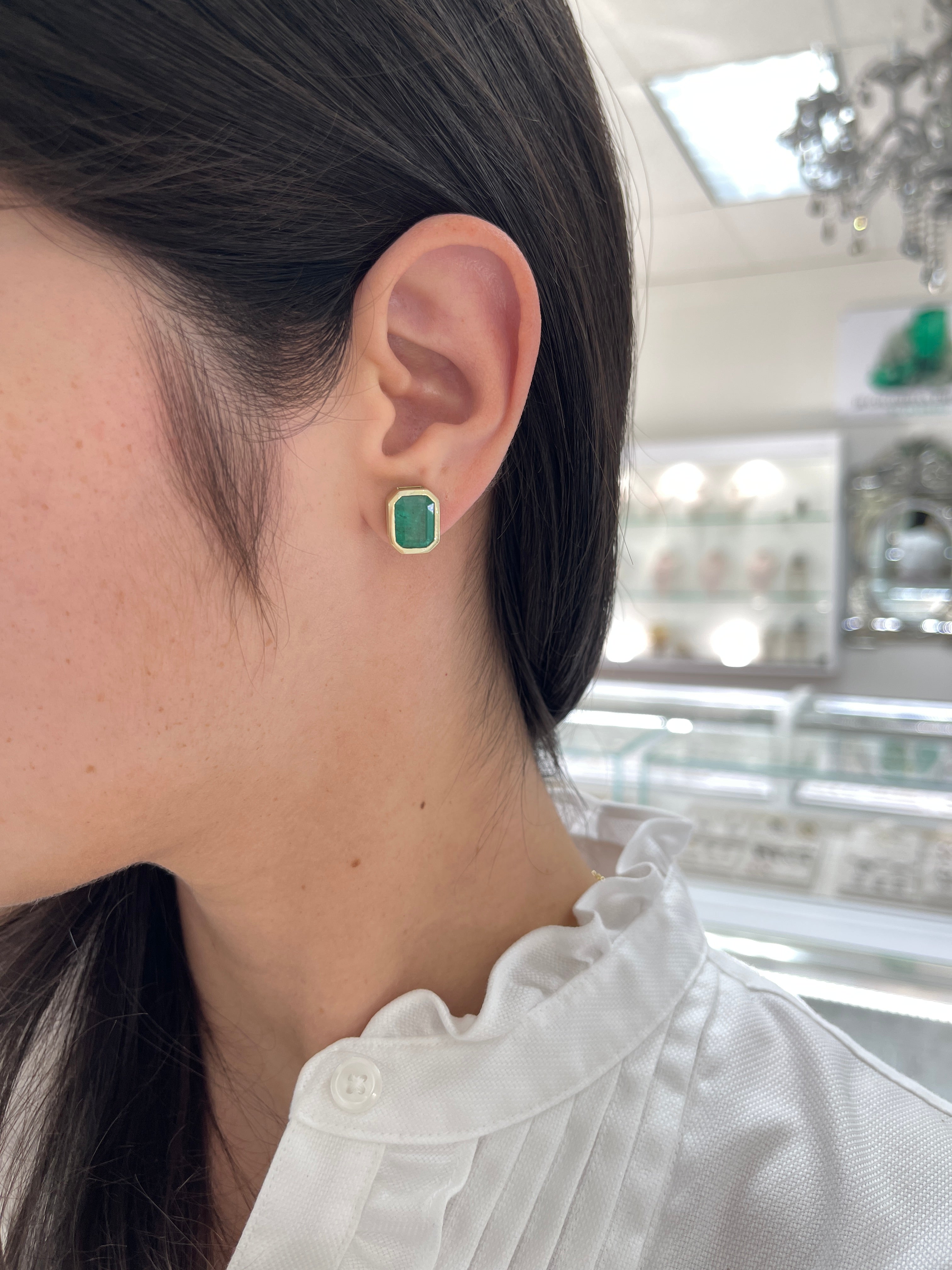 6.0tcw Earthy Natural Emerald Bezel Set Stud Earrings 18K - JR Colombian Emeralds