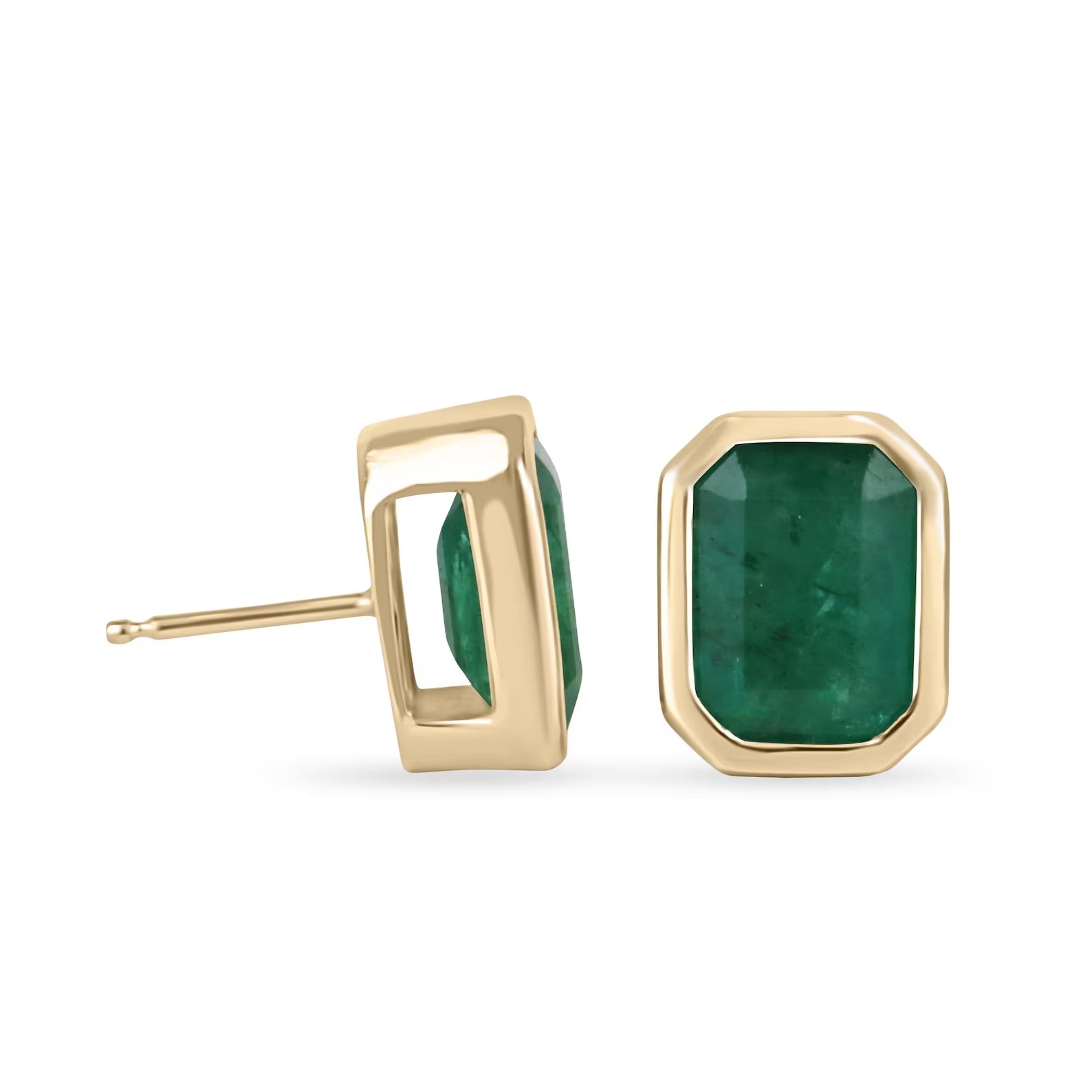 Orecchini a bottone con smeraldi naturali dai toni terrosi, incastonati a castone, 6,0 carati in totale, oro 18 carati - Smeraldi colombiani JR