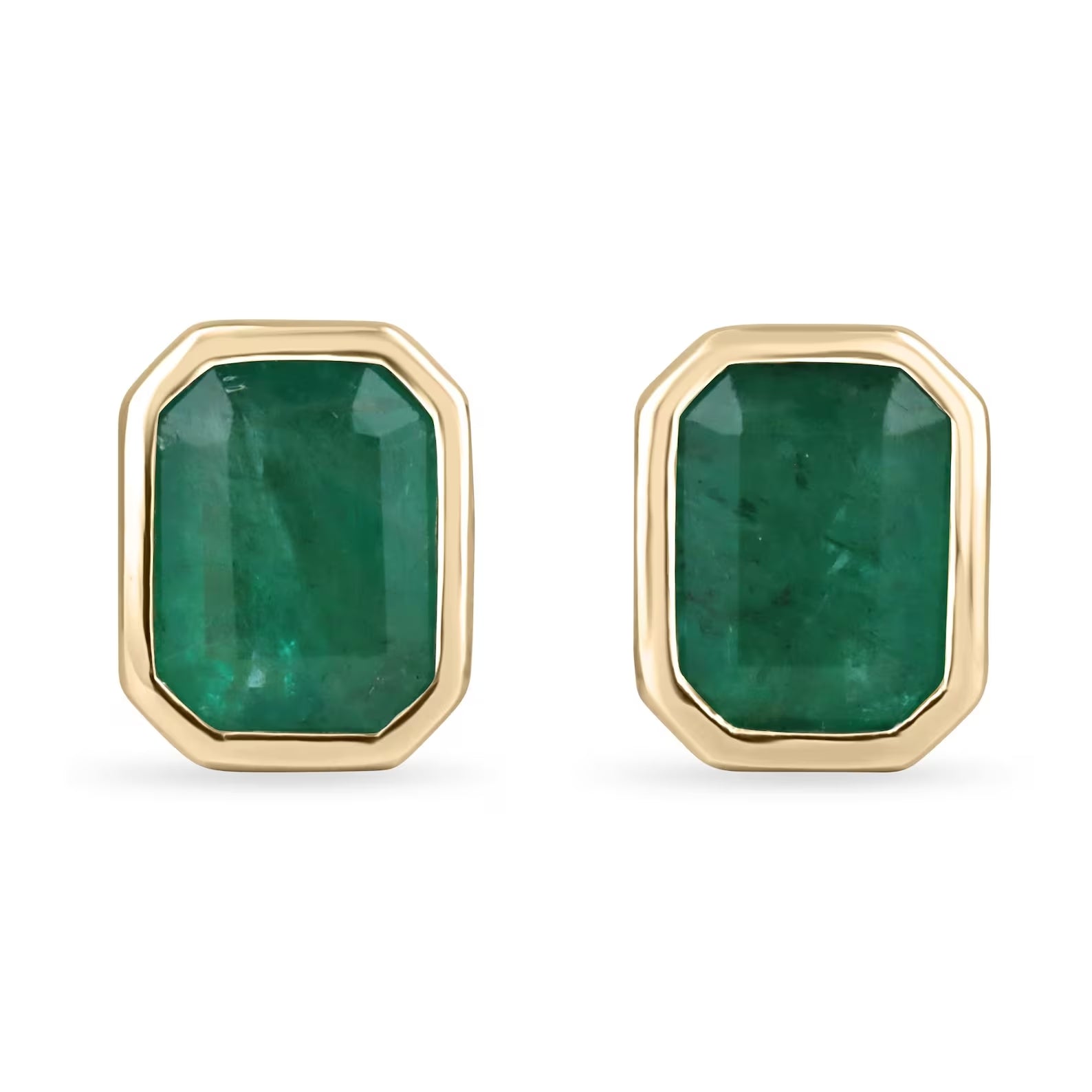 6.0tcw Earthy Natural Emerald Bezel Set Stud Earrings 18K - JR Colombian Emeralds