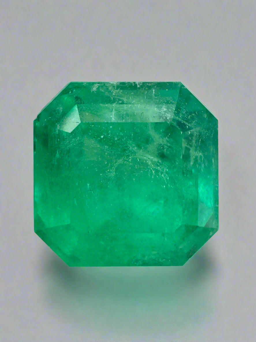 6.19 carat medium neon yellowish Colombian emerald Asscher cut loose gemstone by JR Colombian Emeralds.