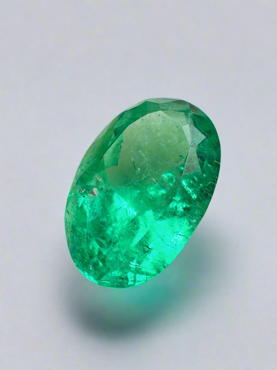 6.23 Carat Elongated Yellowish Green Natural Loose Colombian Emerald-Oval Cut - JR Colombian Emeralds