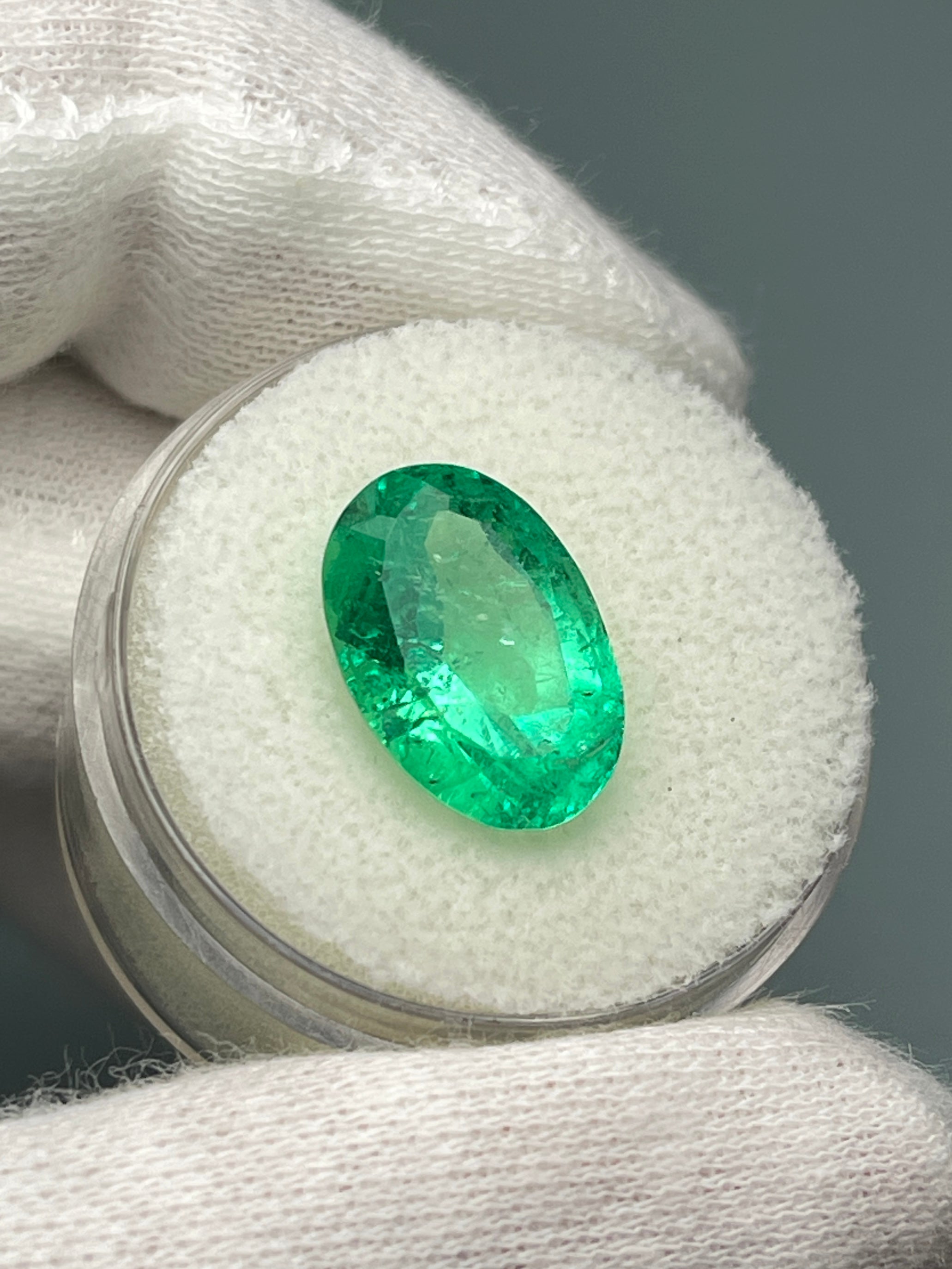 6.23 Carat Elongated Yellowish Green Natural Loose Colombian Emerald-Oval Cut - JR Colombian Emeralds
