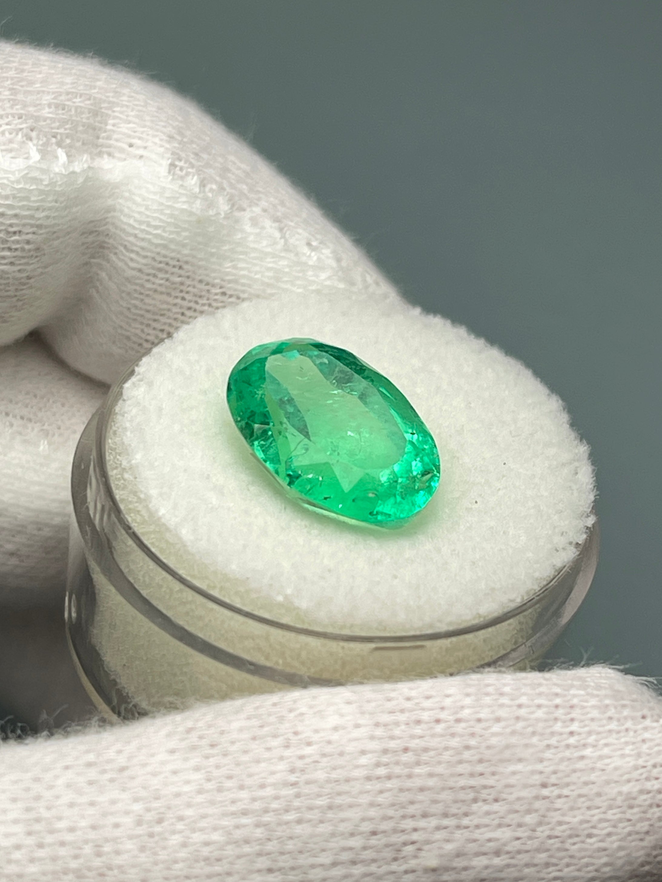 6.23 Carat Elongated Yellowish Green Natural Loose Colombian Emerald-Oval Cut - JR Colombian Emeralds