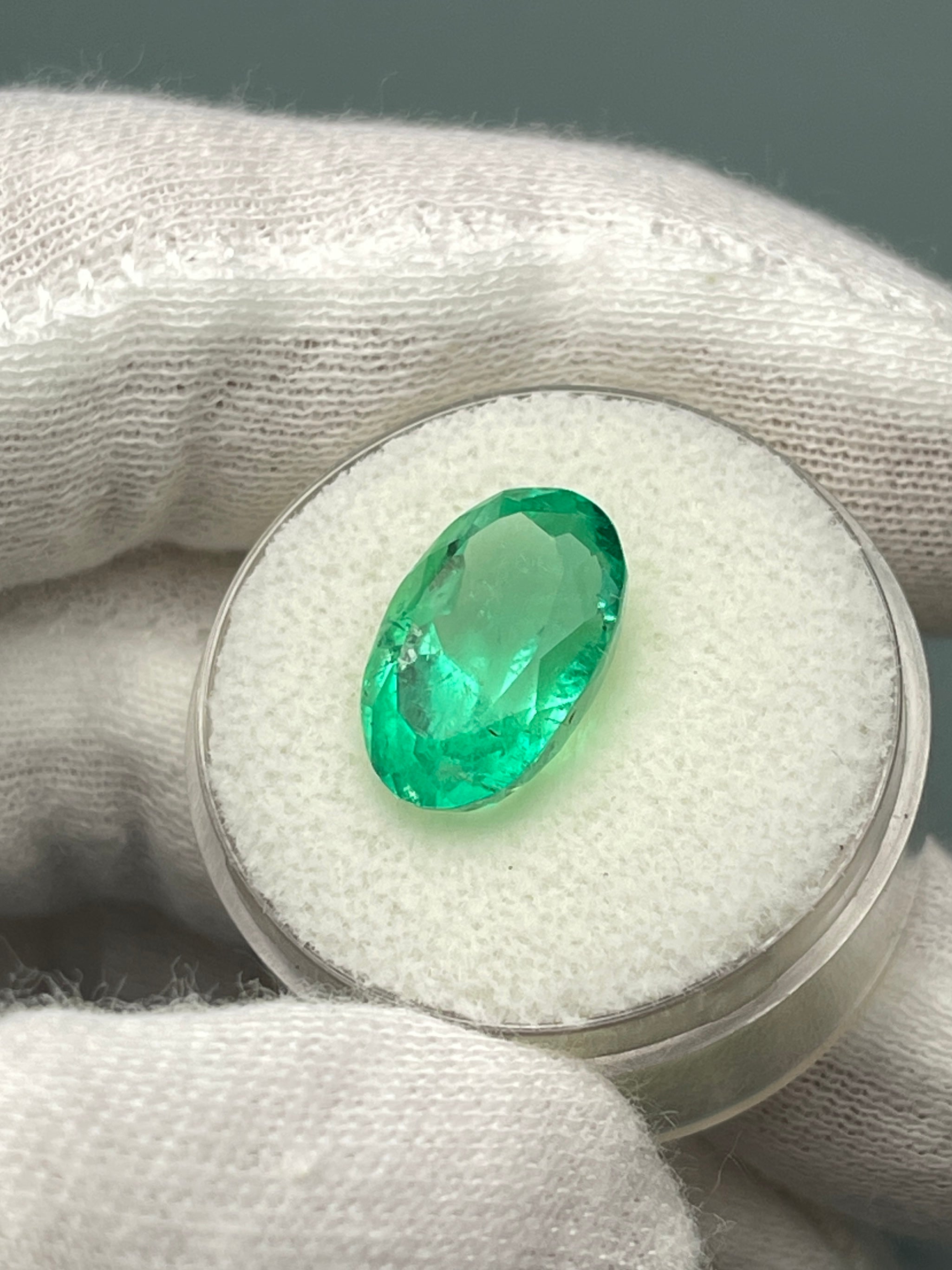 6.23 Carat Elongated Yellowish Green Natural Loose Colombian Emerald-Oval Cut - JR Colombian Emeralds