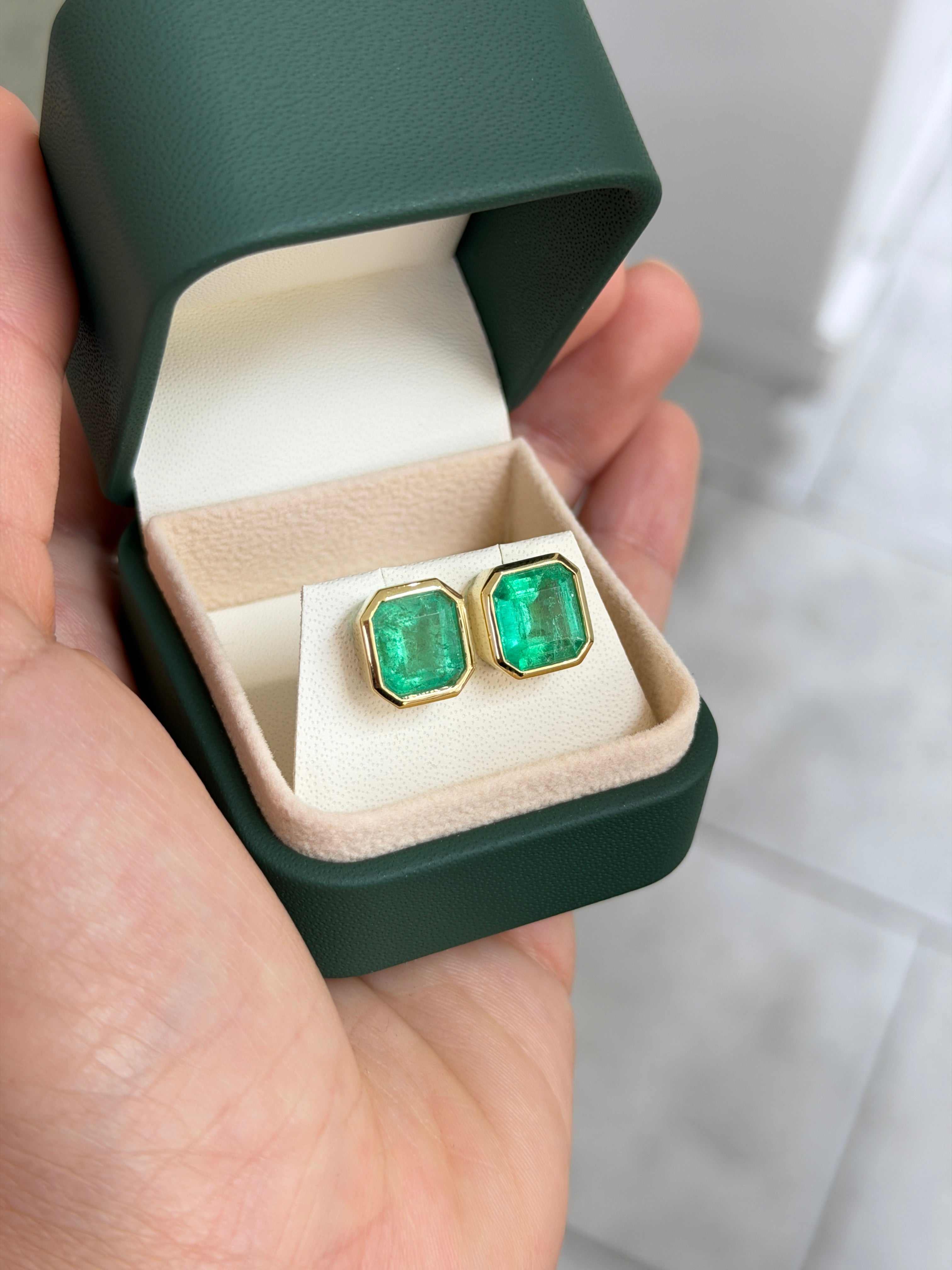 6.23tcw Asscher Cut Colombian Emerald Bezel Set Studs 18K