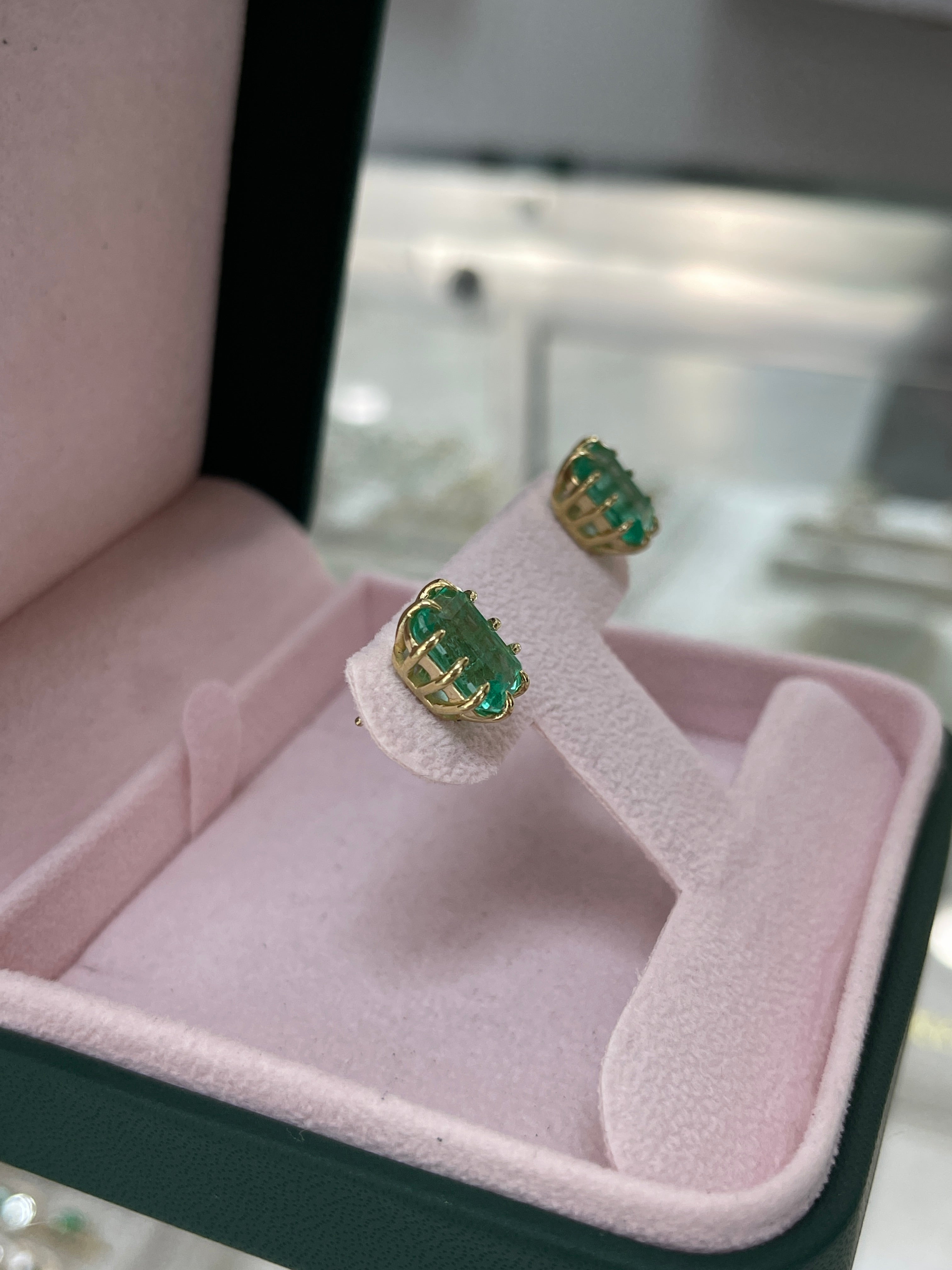 6.24tcw Colombian Emerald Multi Prong 18K Statement Studs - JR Colombian Emeralds