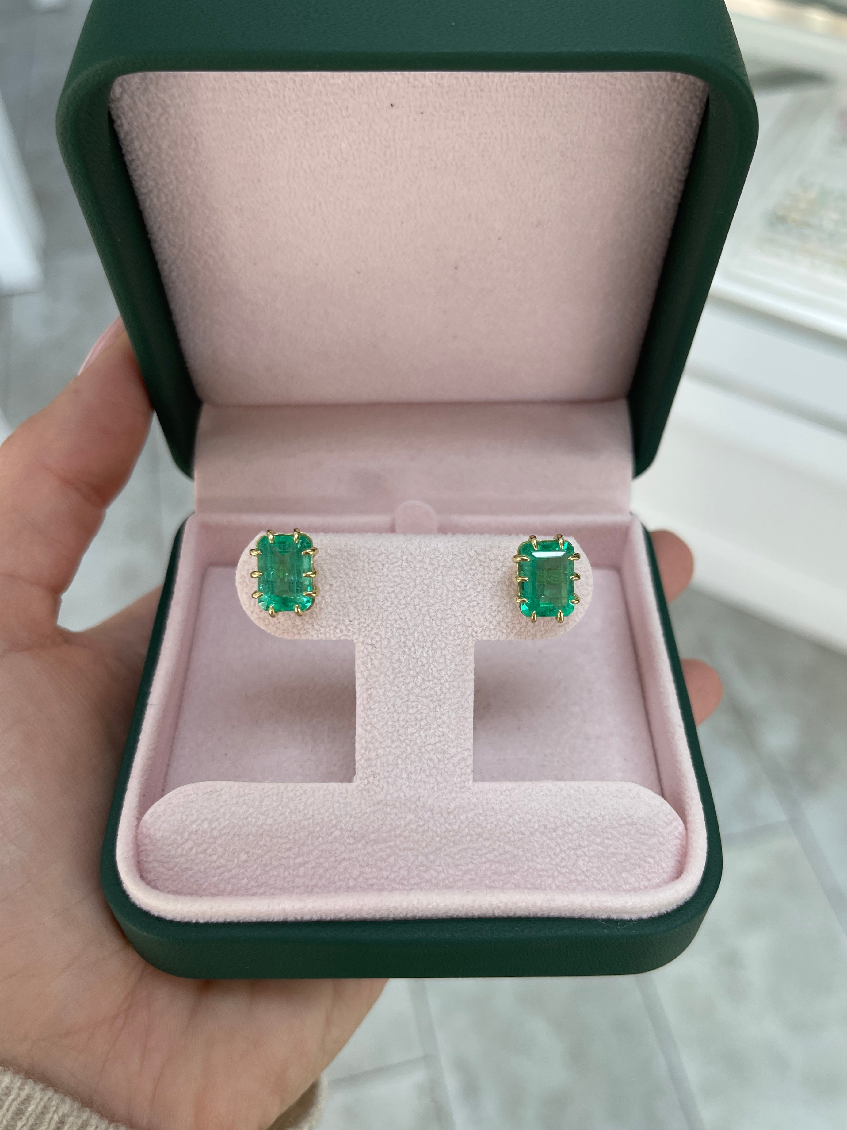 6.24tcw Colombian Emerald Multi Prong 18K Statement Studs - JR Colombian Emeralds
