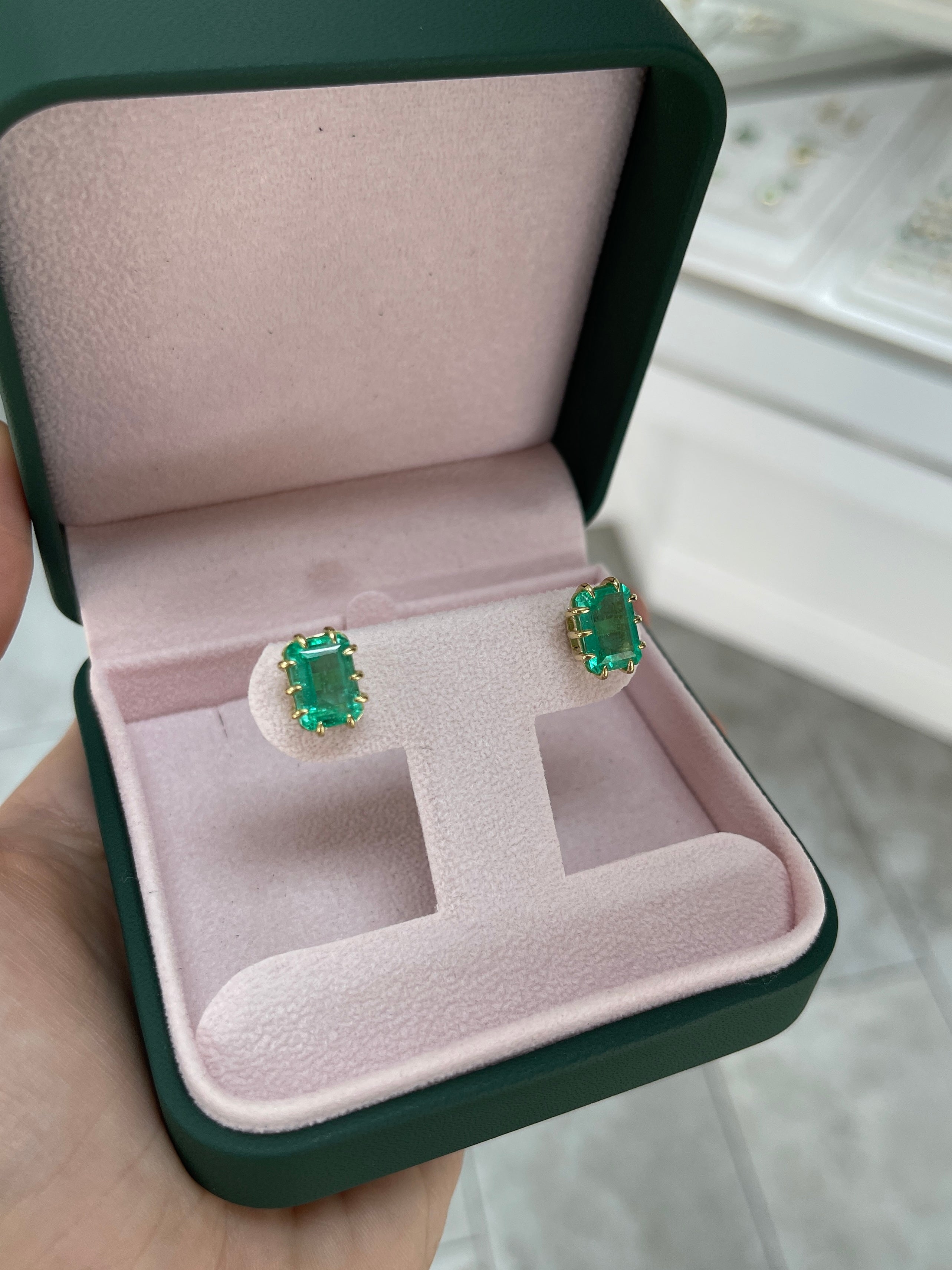 6.24tcw Colombian Emerald Multi Prong 18K Statement Studs - JR Colombian Emeralds