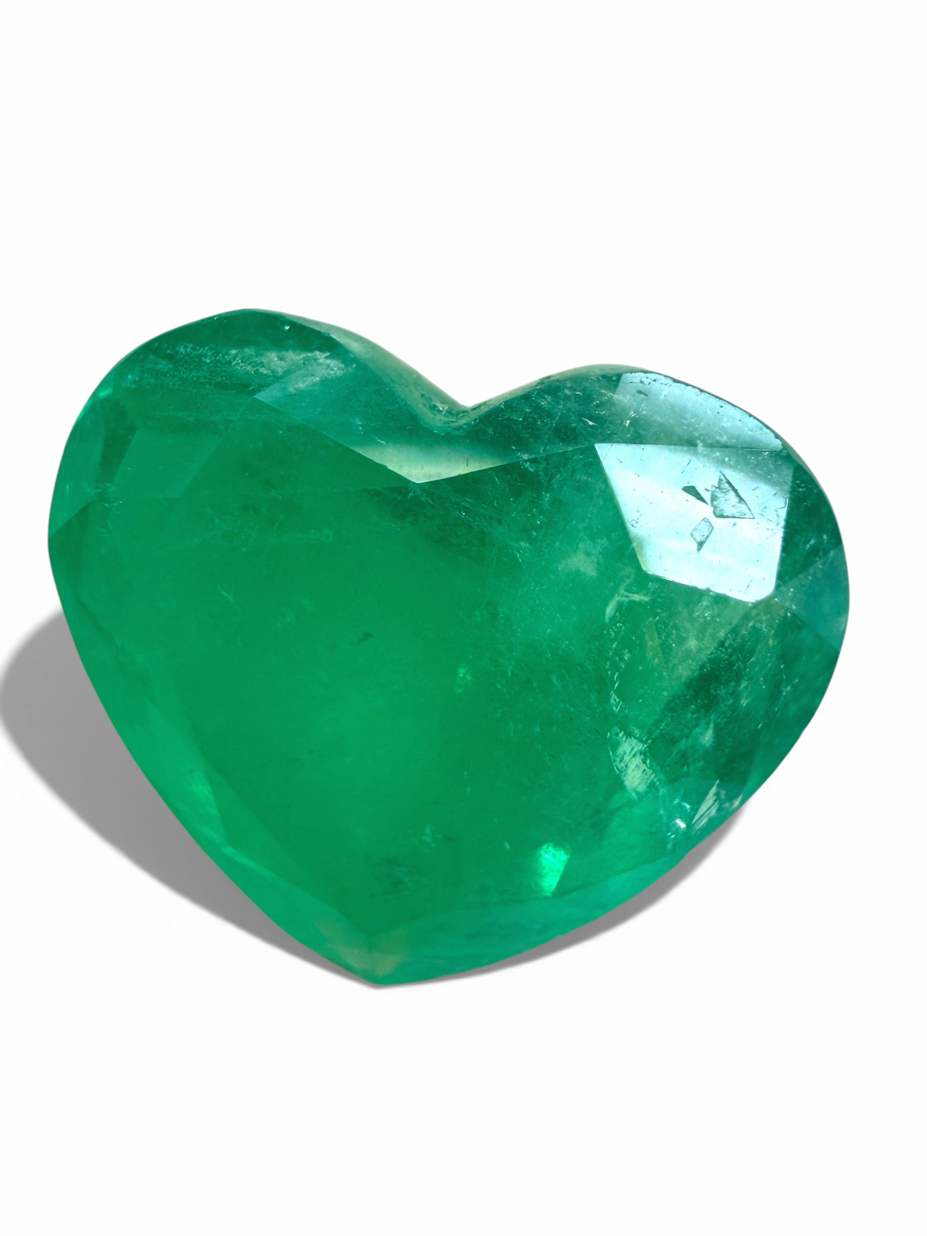 Medium green 6.35 carat Colombian emerald loose heart cut gemstone from JR Colombian Emeralds, natural and vibrant.