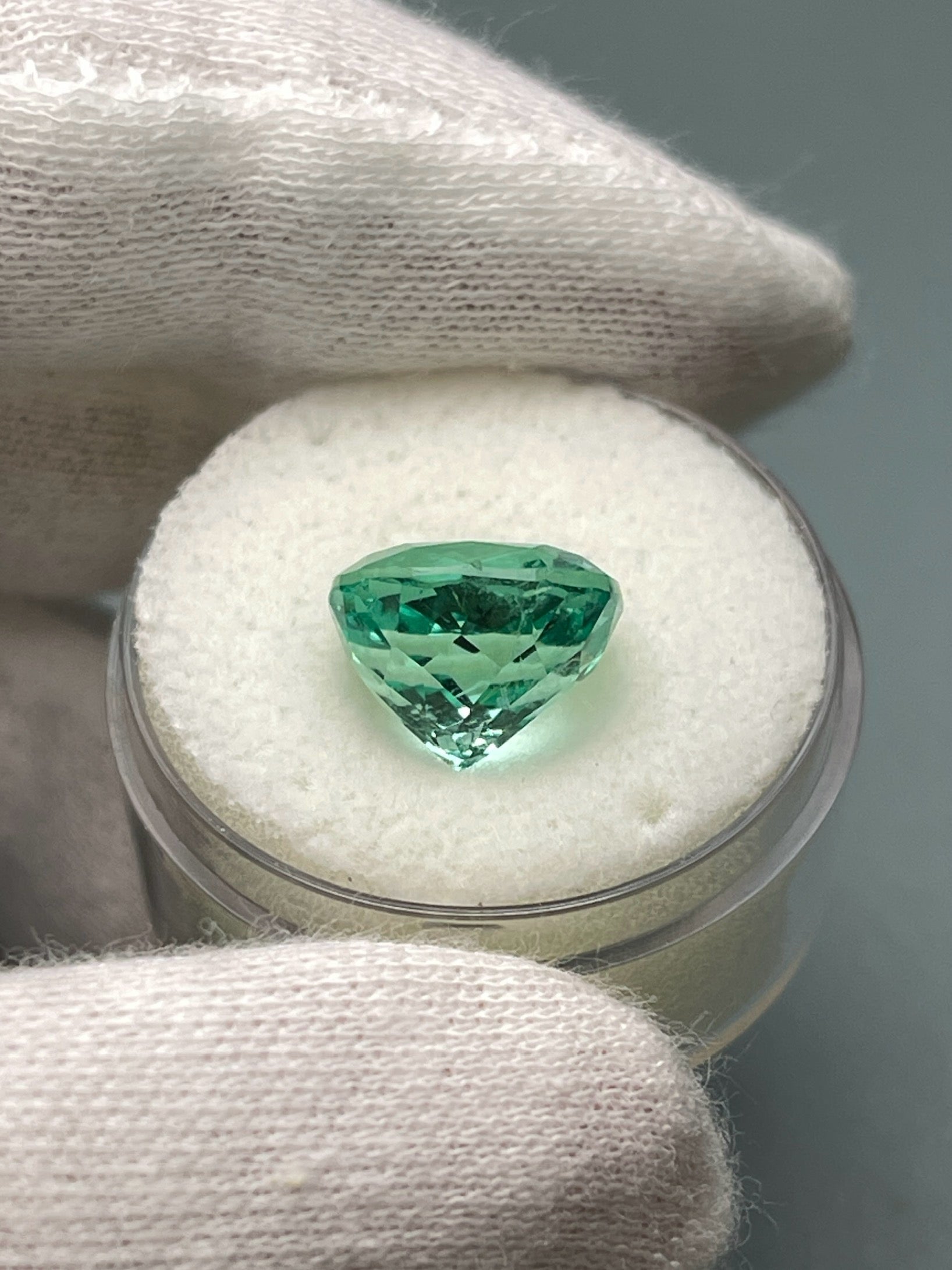Luminous bluish green 6.38 carat natural Colombian emerald loose cushion cut gemstone from JR Colombian Emeralds