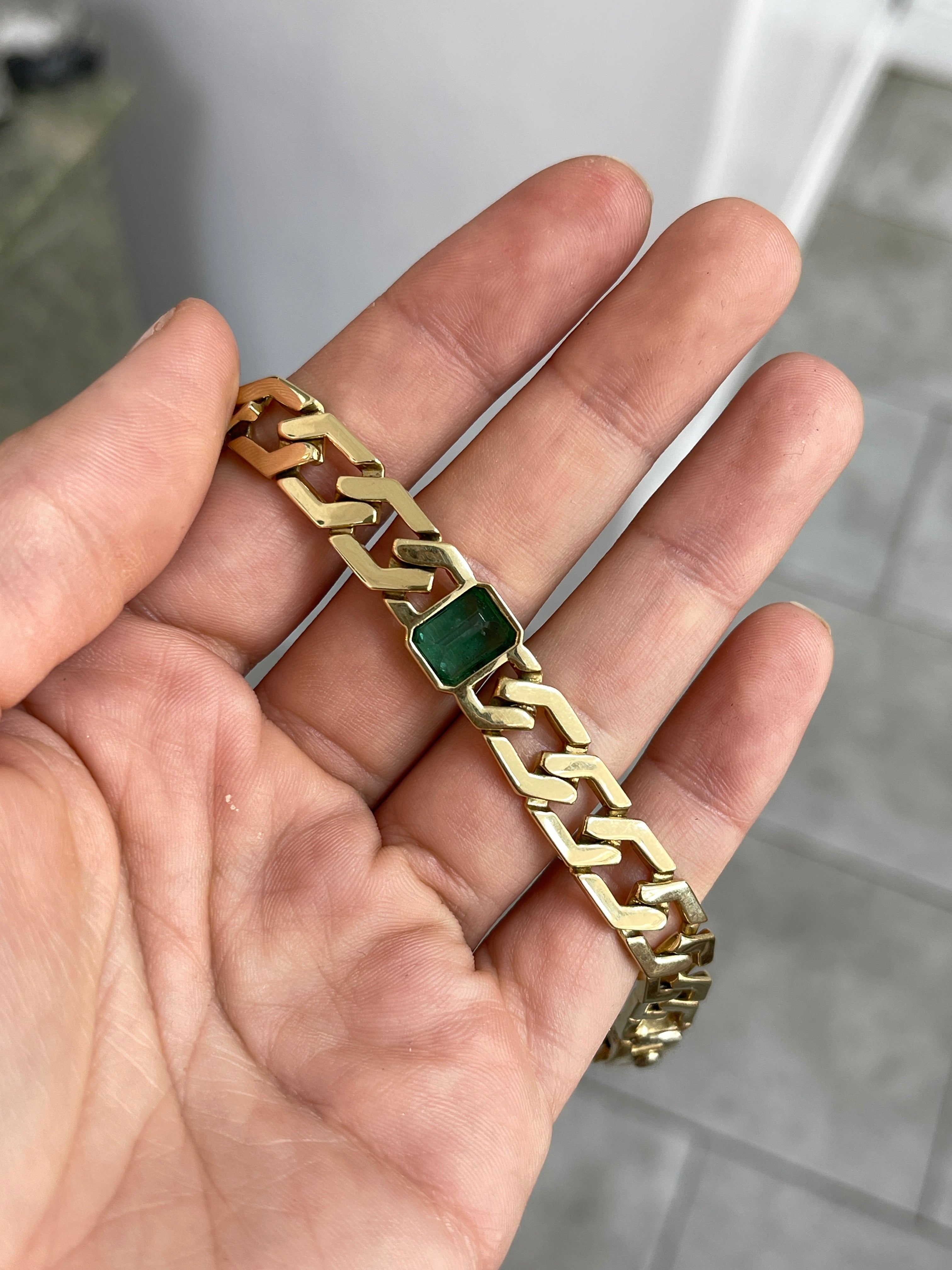 6.38 Carat Bezel Set Chunky Solid Gold Emerald Link Bracelet- 7 Inches - JR Colombian Emeralds