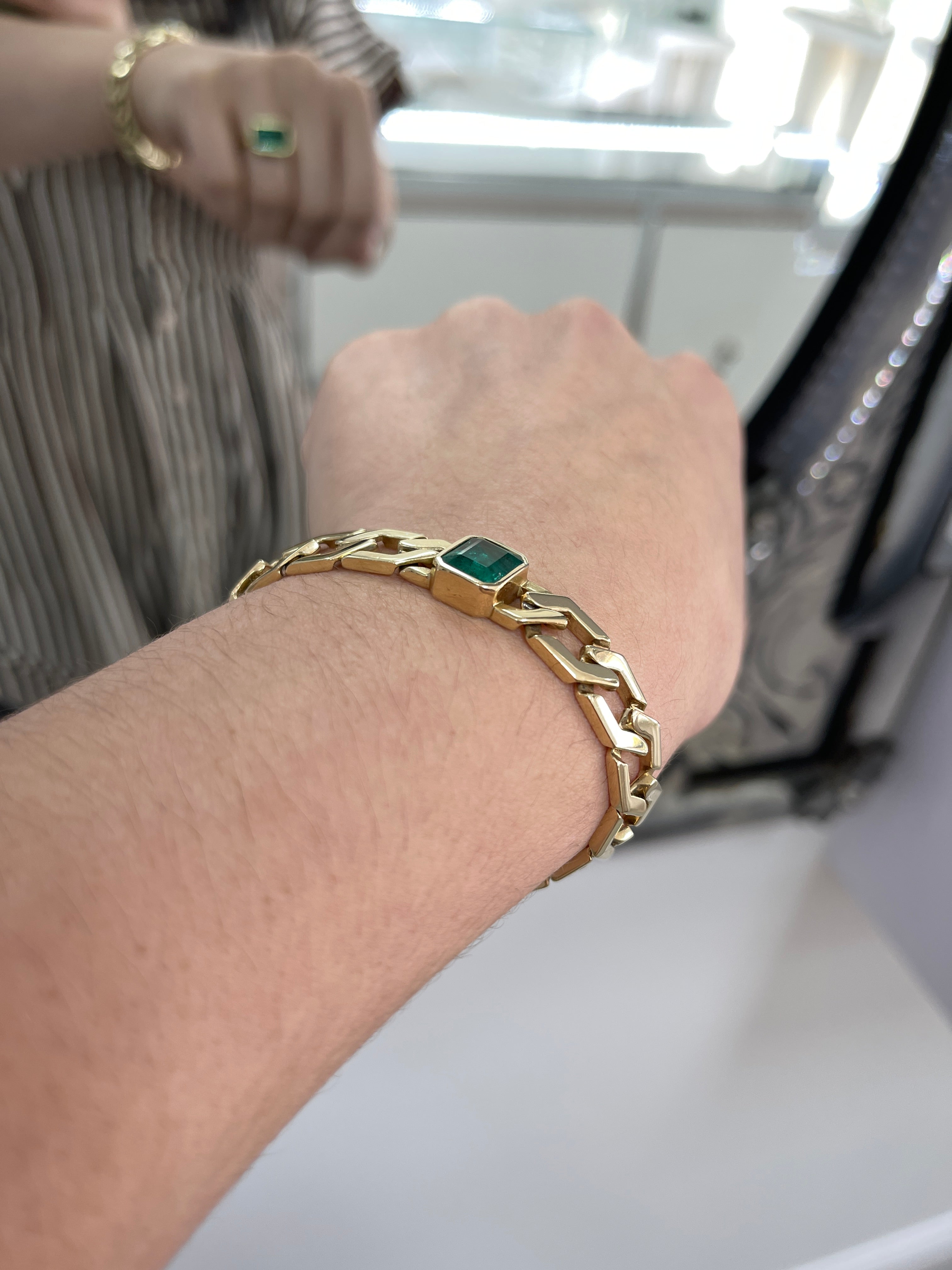6.38 Carat Bezel Set Chunky Solid Gold Emerald Link Bracelet- 7 Inches - JR Colombian Emeralds
