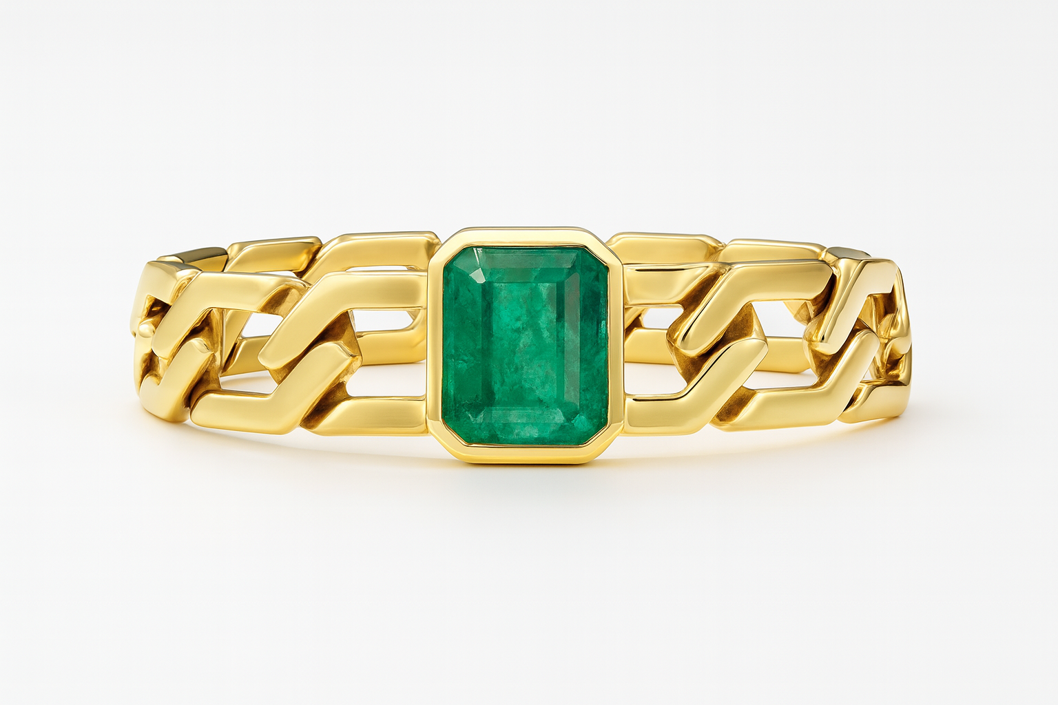 6.38 Carat Bezel Set Chunky Solid Gold Emerald Link Bracelet- 7 Inches - JR Colombian Emeralds