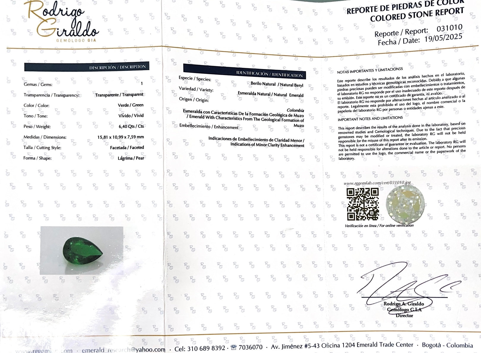 6.40 carat 16x11 AAA Minor Oil MuzoGreen Natural Loose Colombian Emerald-Pear Cut - JR Colombian Emeralds