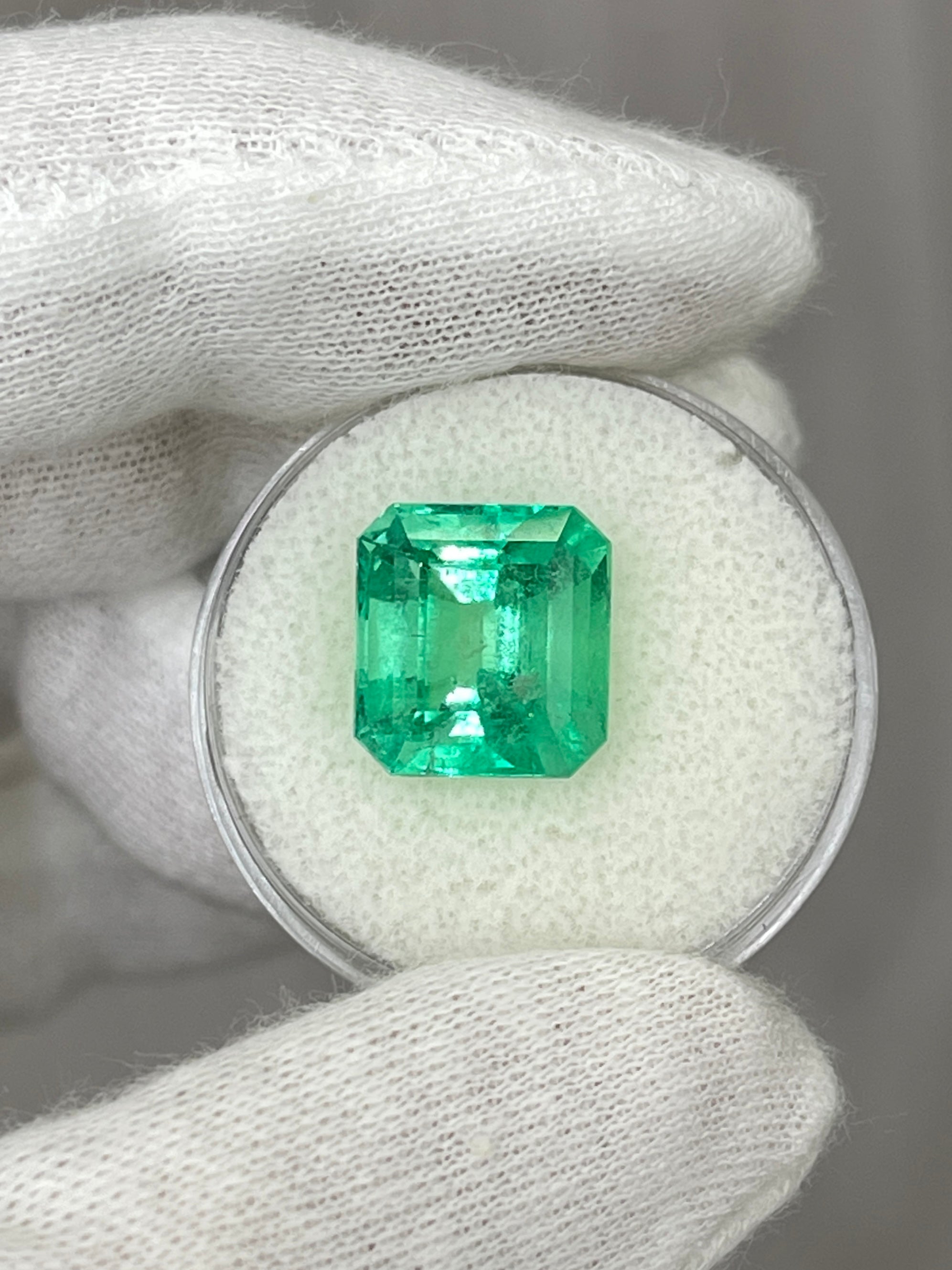 Yellowish green 6.50 carat natural Colombian emerald Asscher cut, loose gemstone from JR Colombian Emeralds.