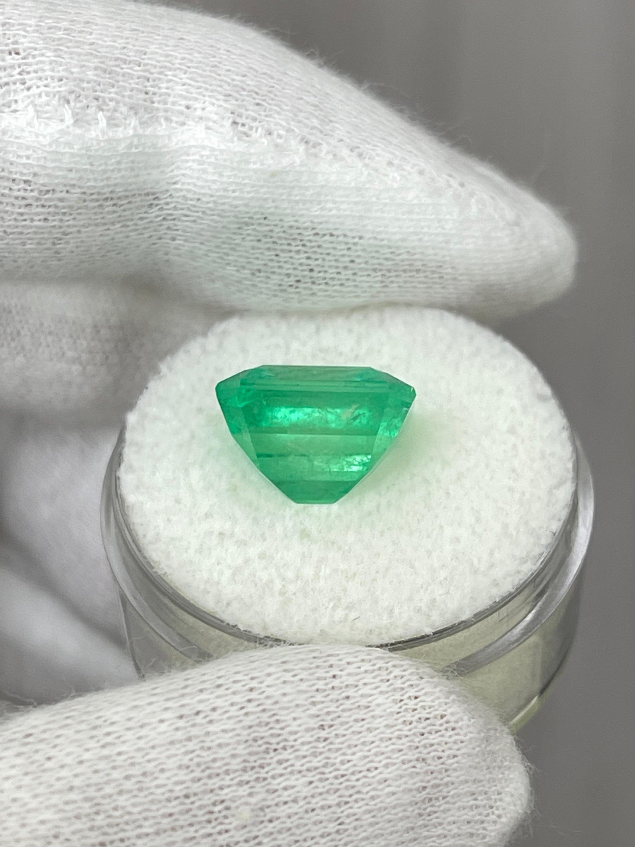 6.50 carat yellowish green natural Colombian emerald loose gemstone, 12x11mm Asscher cut by JR Colombian Emeralds