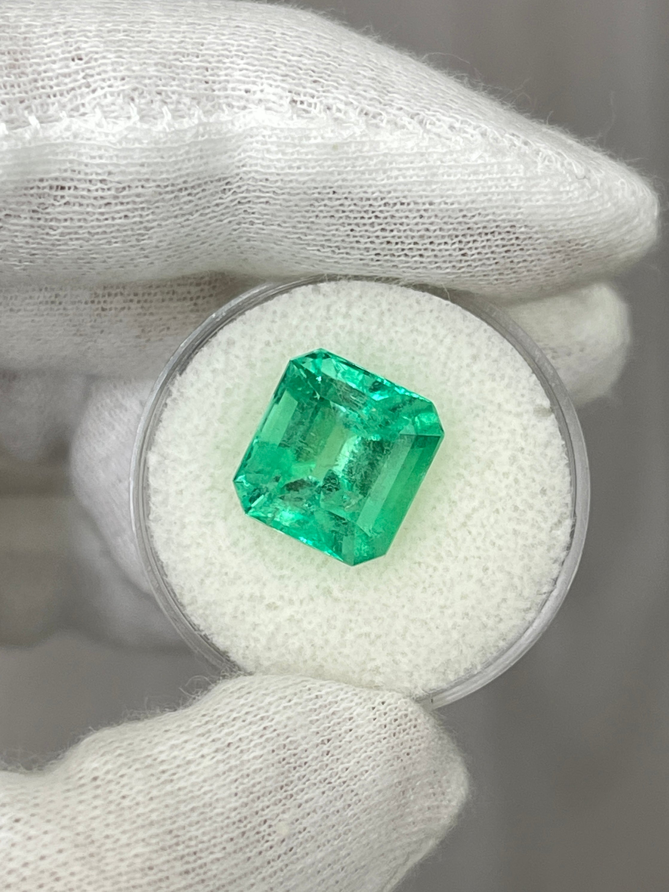 Yellowish green 12x11mm Asscher cut Colombian emerald, 6.50 carats, natural loose gemstone from JR Colombian Emeralds
