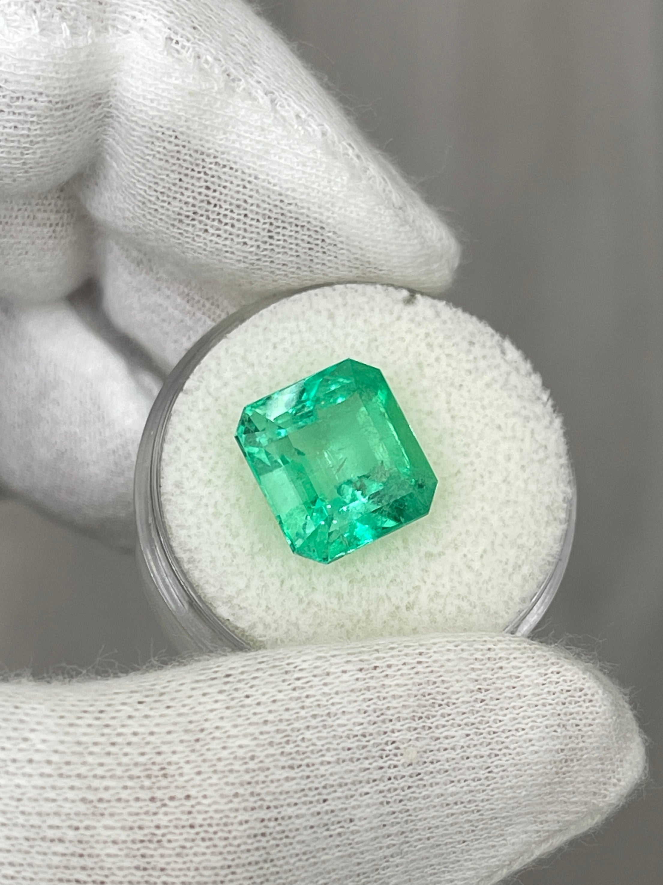6.50 carat yellowish green natural Colombian emerald loose stone, Asscher cut, from JR Colombian Emeralds.