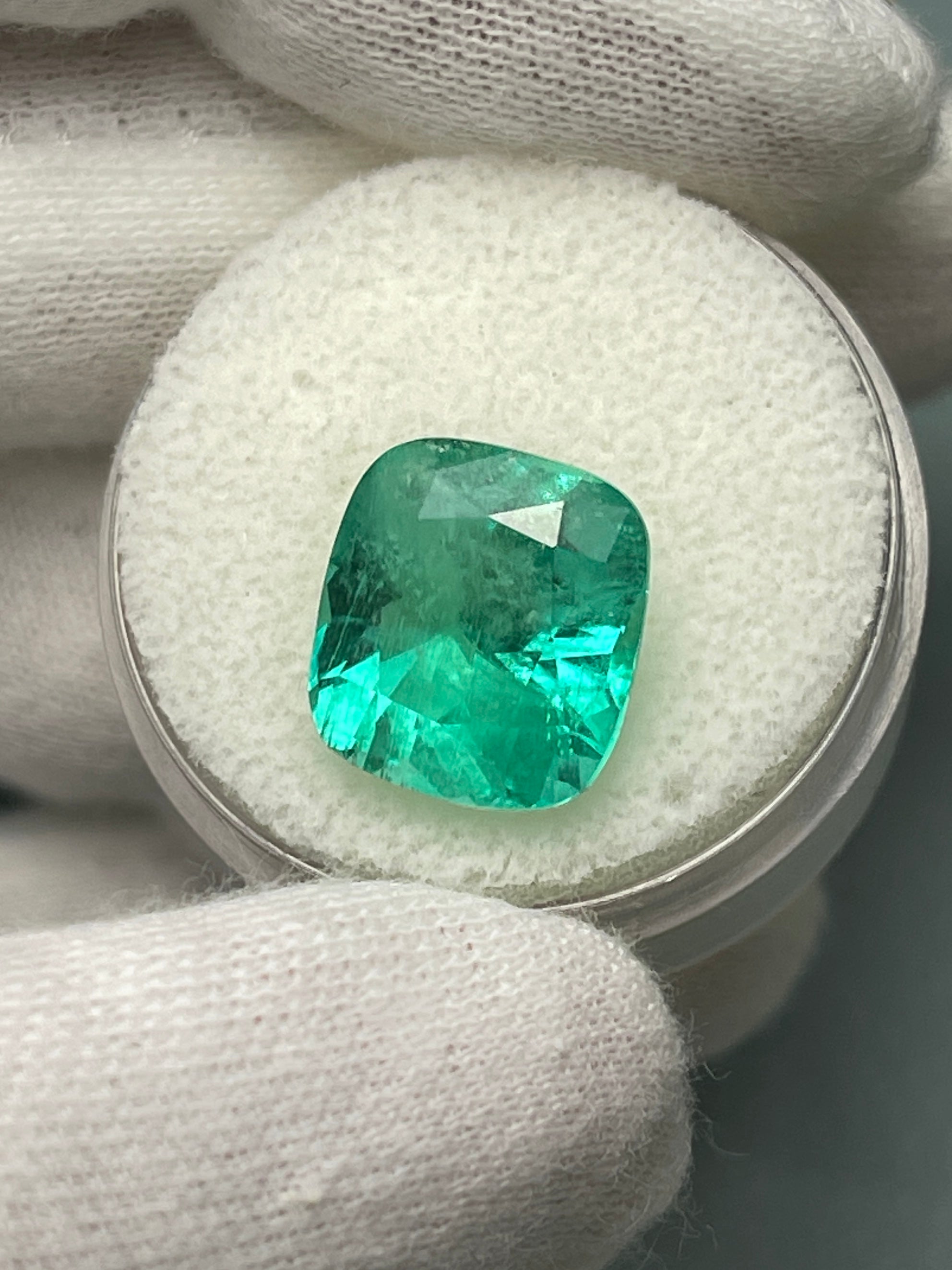 Medium bluish green Colombian emerald, 6.65 carat cushion cut, natural loose gemstone by JR Colombian Emeralds.