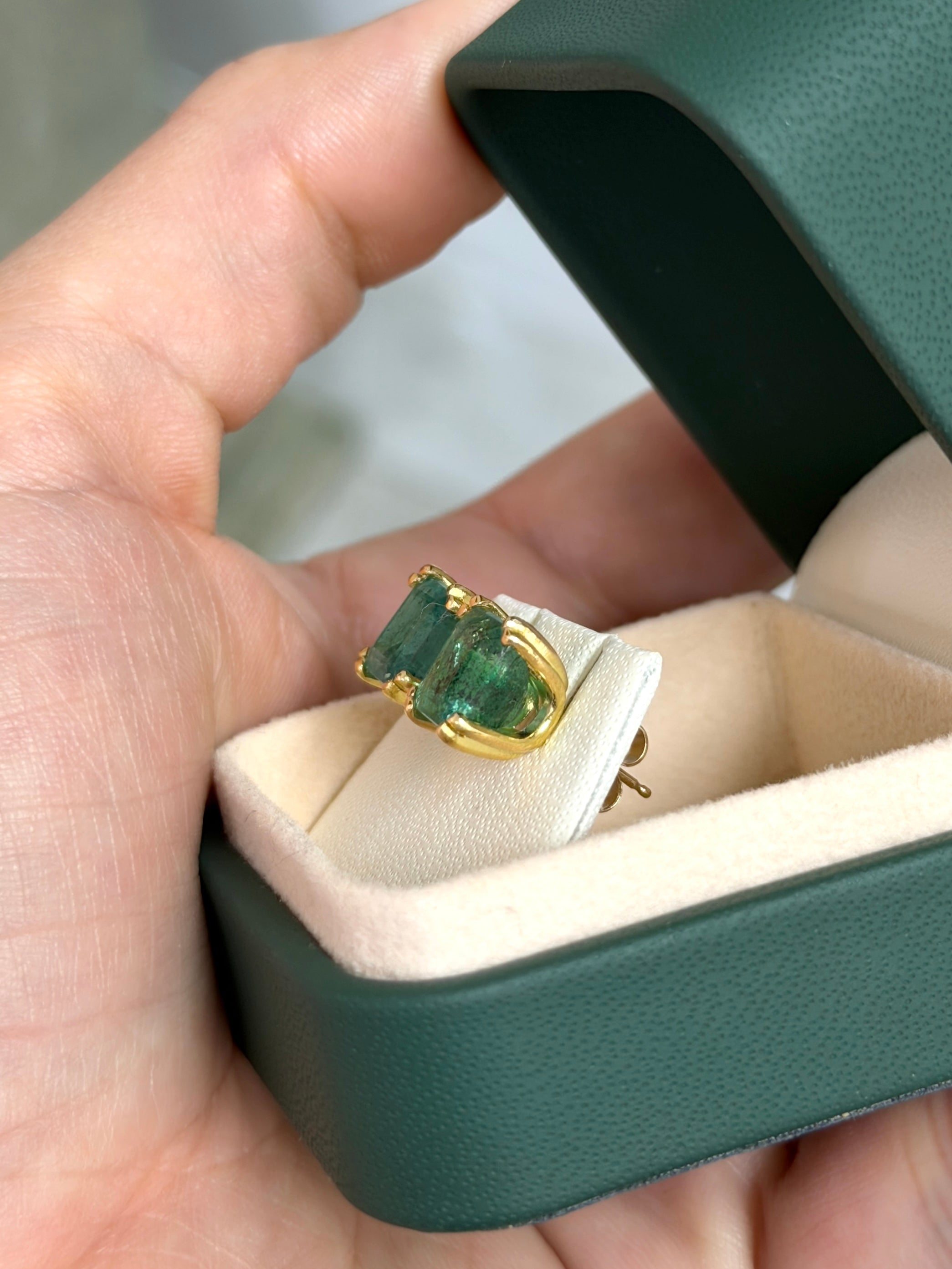 High grade 8x8 Asscher cut natural emerald stud earrings with double prong setting in 18K gold by JR Colombian Emeralds