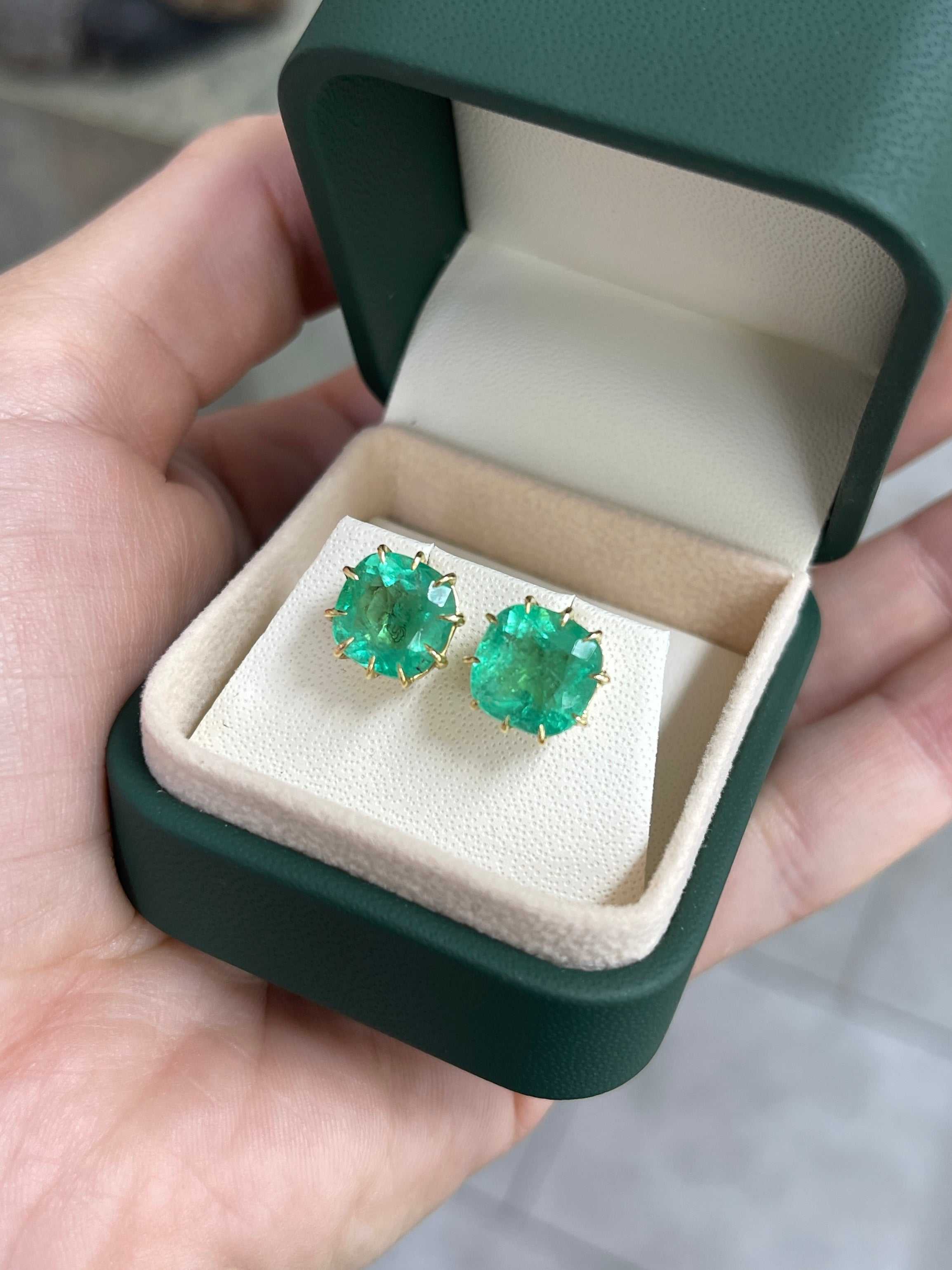 6.74tcw Colombian Emerald Cushion Cut Multi Prong 18K Statement Studs - JR Colombian Emeralds