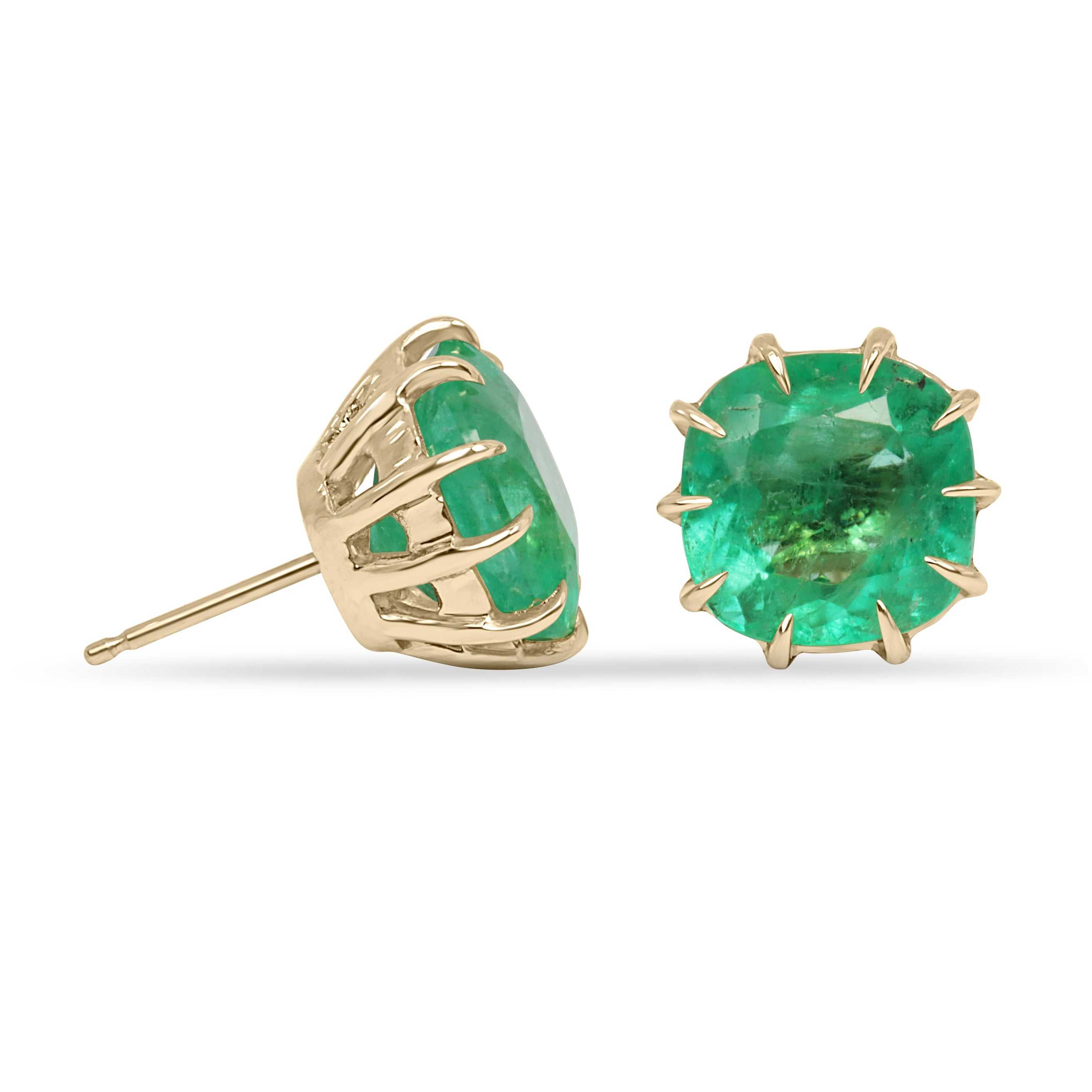6.74tcw Colombian Emerald Cushion Cut Multi Prong 18K Statement Studs - JR Colombian Emeralds