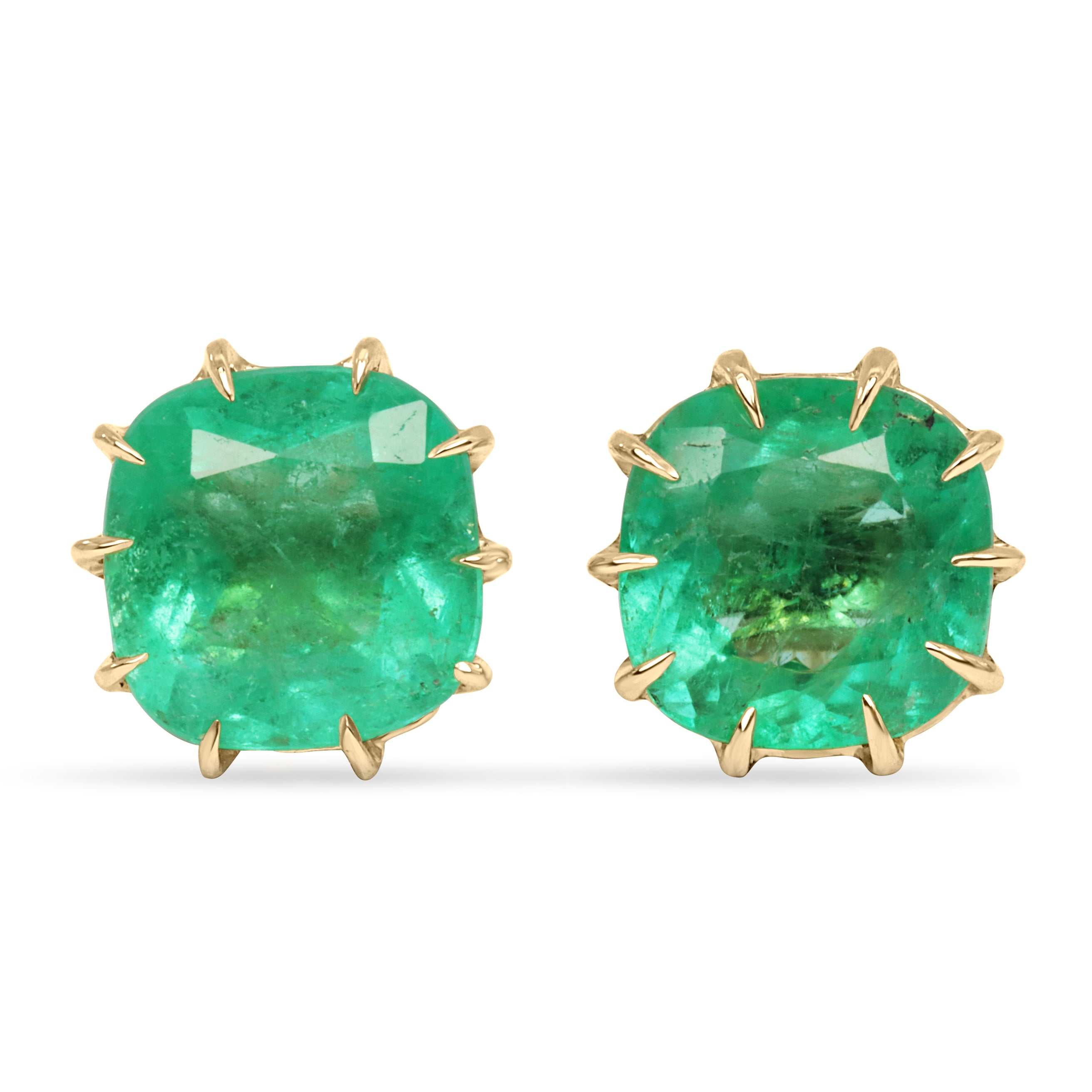 6.74tcw Colombian emerald cushion cut stud earrings in 18K yellow gold multi prong setting