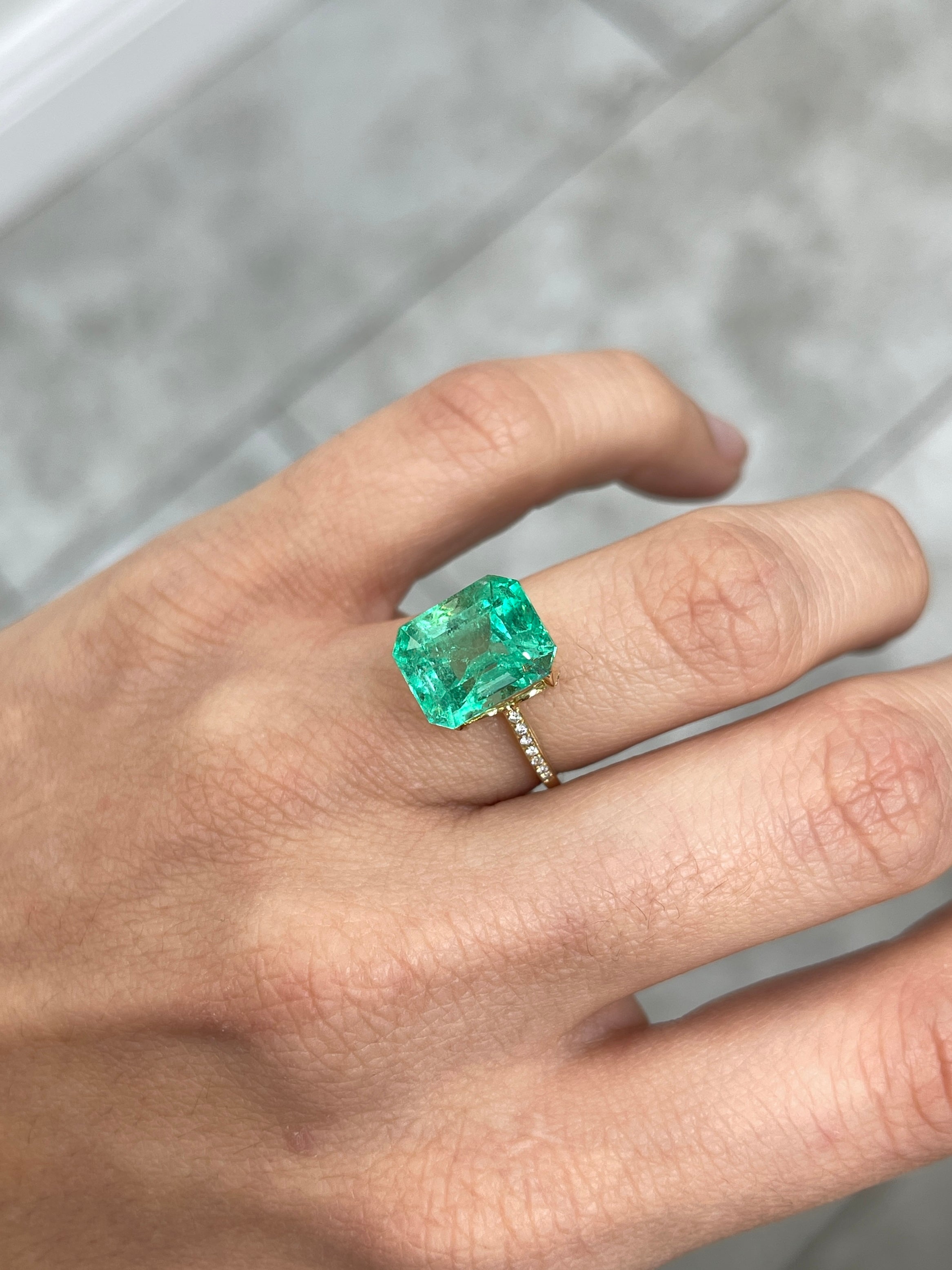 6.79 carat luminous natural Colombian emerald, 12x10mm classic emerald cut, loose, ethically mined by JR Colombian Emeralds.