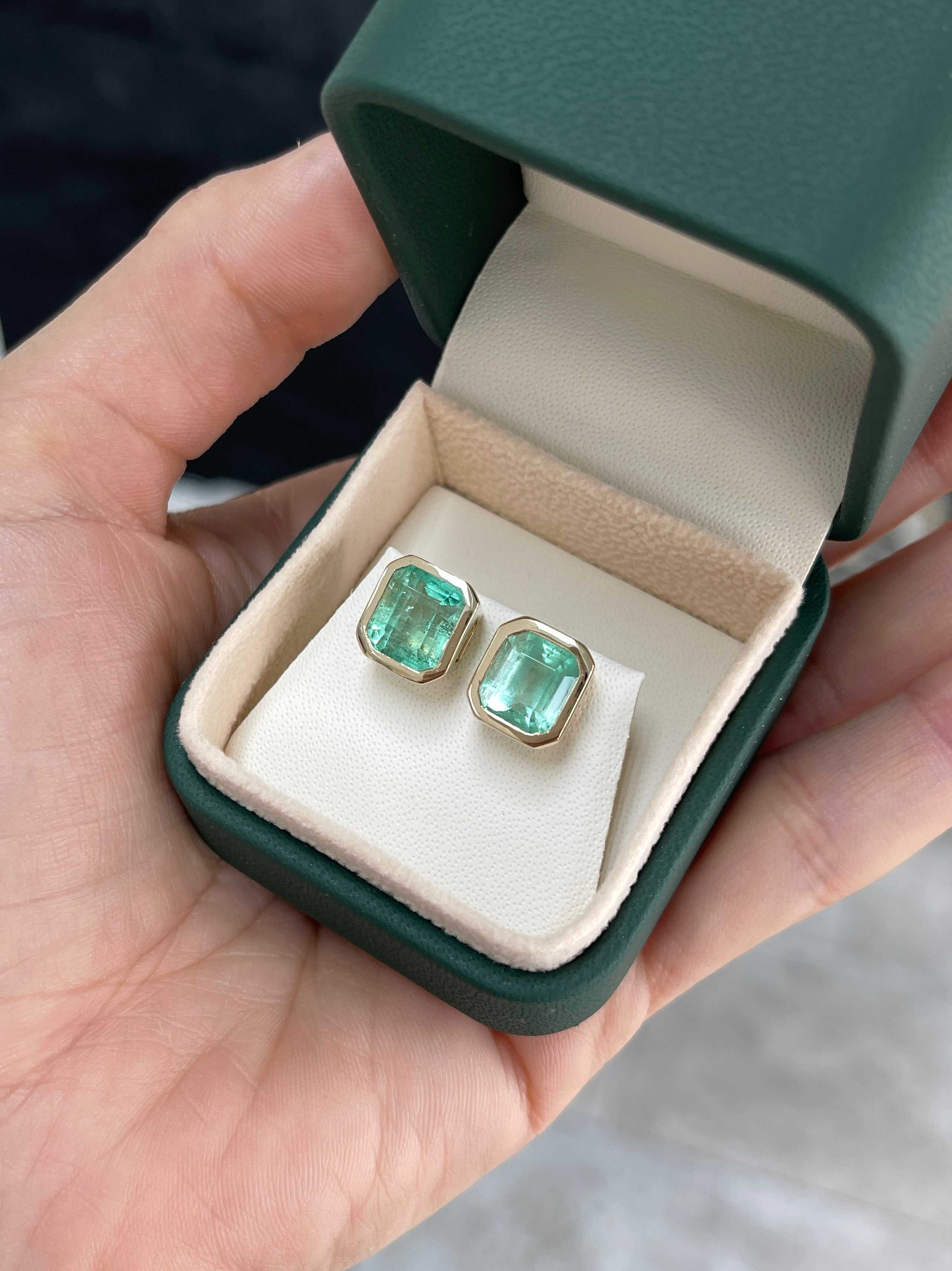 6.80tcw Bezel Set Natural Colombian Emerald Stud Earrings - JR Colombian Emeralds