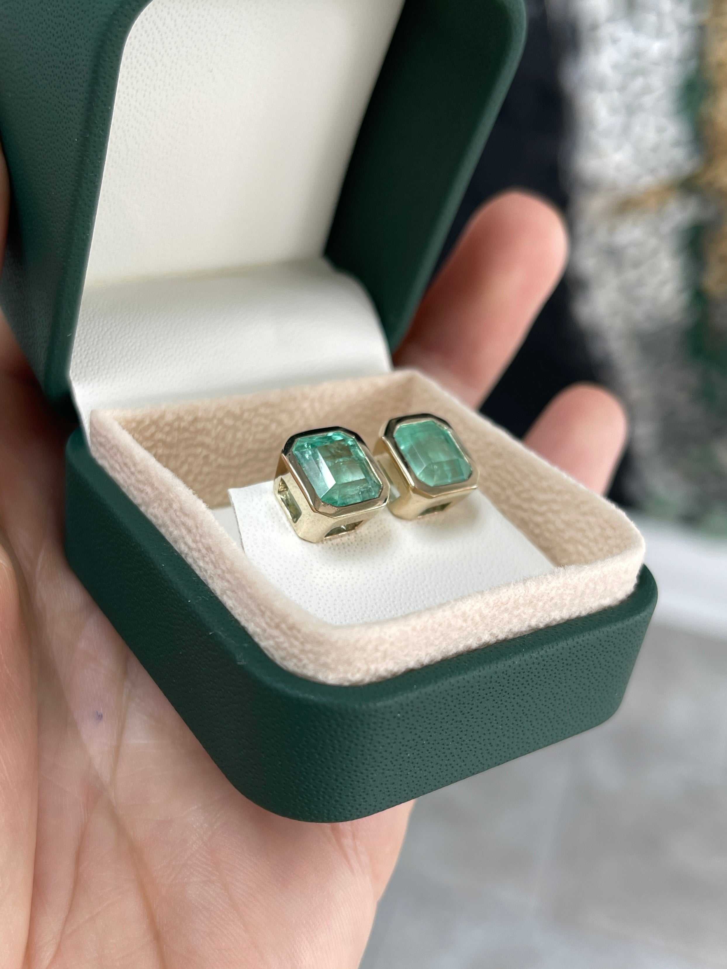 6.80tcw Bezel Set Natural Colombian Emerald Stud Earrings - JR Colombian Emeralds