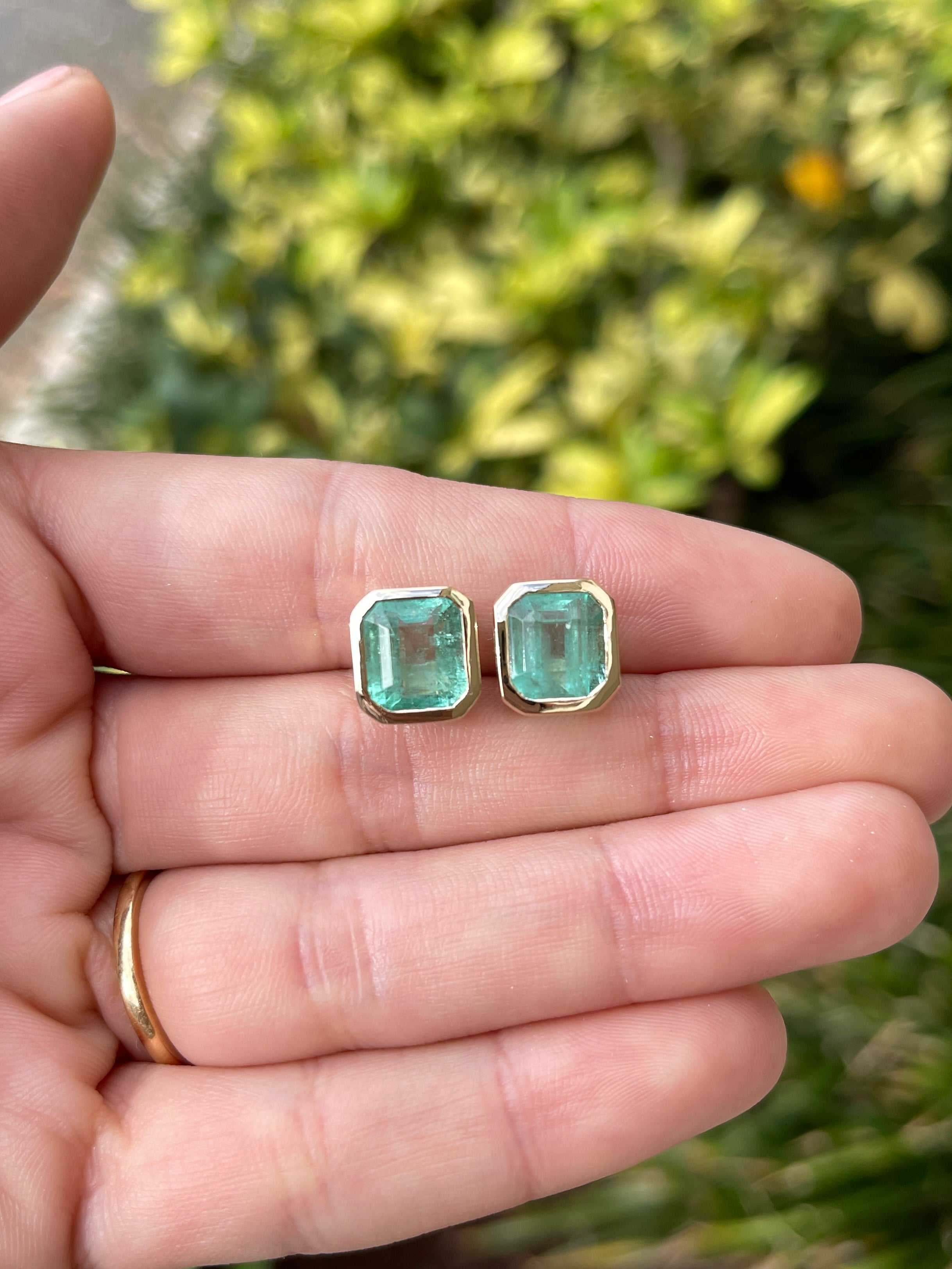 6.80tcw Bezel Set Natural Colombian Emerald Stud Earrings - JR Colombian Emeralds