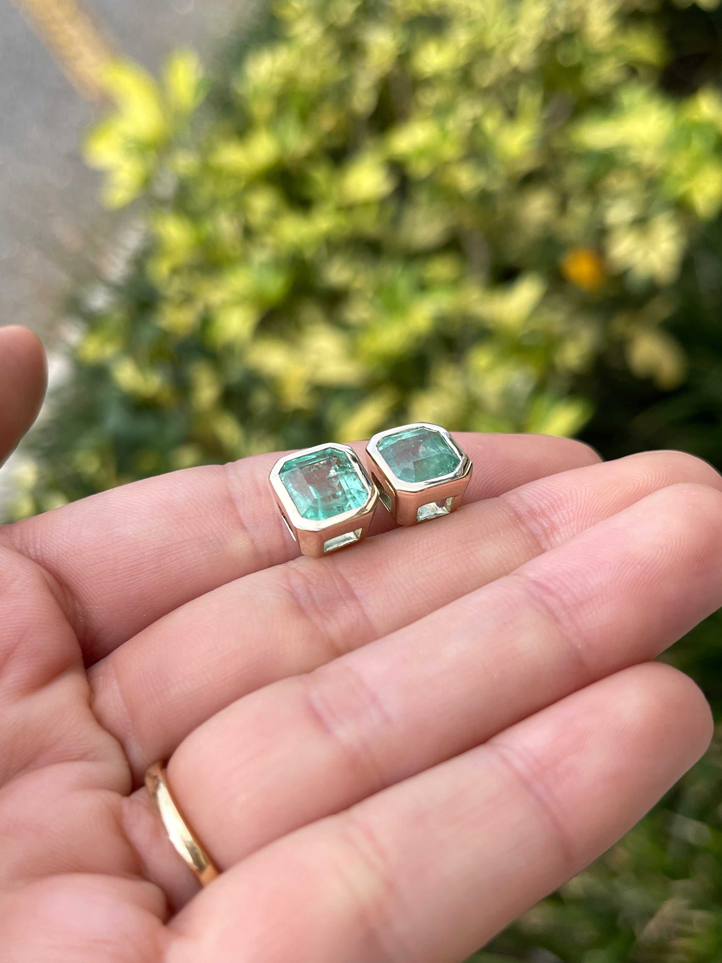 6.80tcw Bezel Set Natural Colombian Emerald Stud Earrings - JR Colombian Emeralds