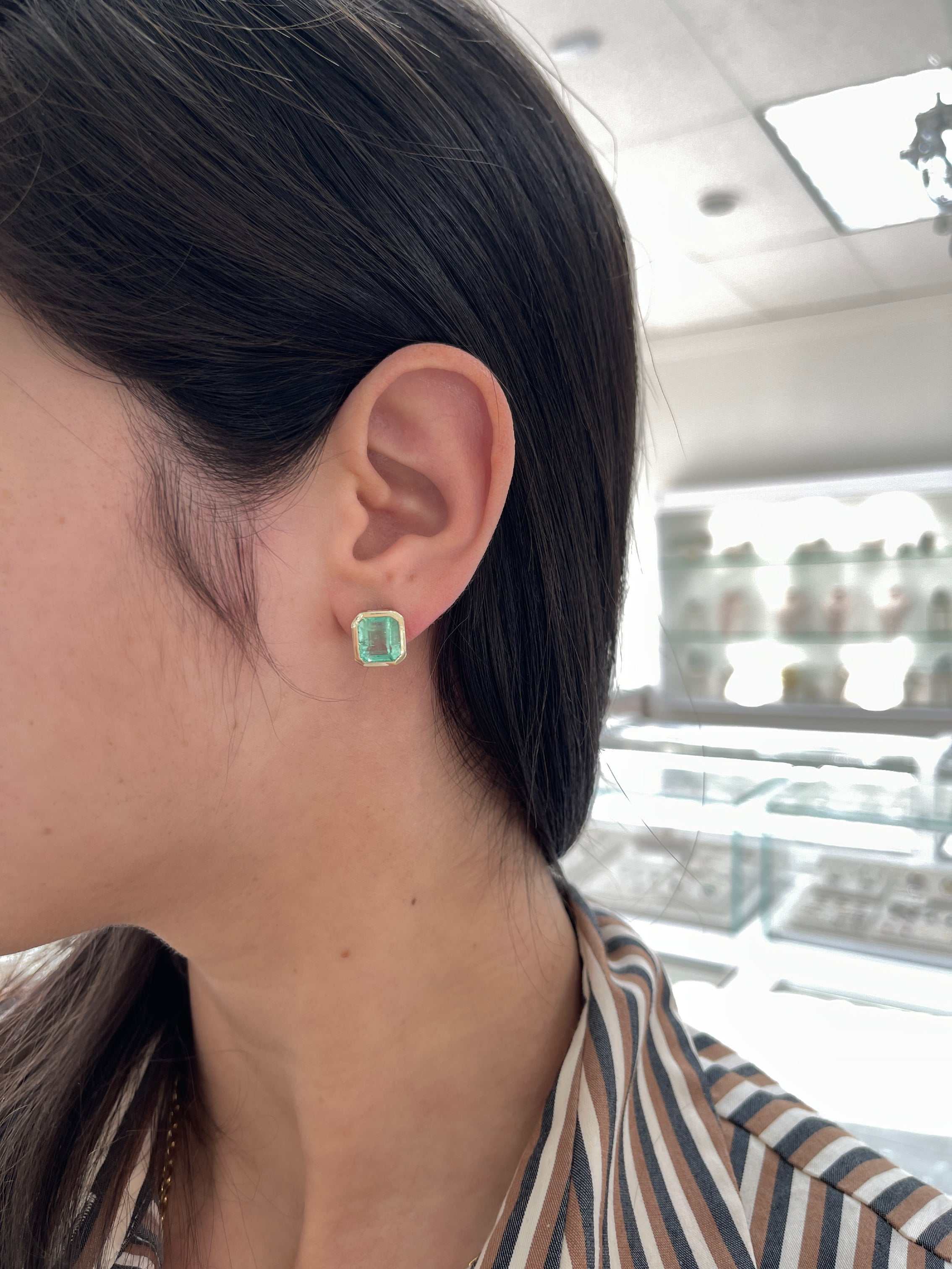 6.80tcw Bezel Set Natural Colombian Emerald Stud Earrings - JR Colombian Emeralds