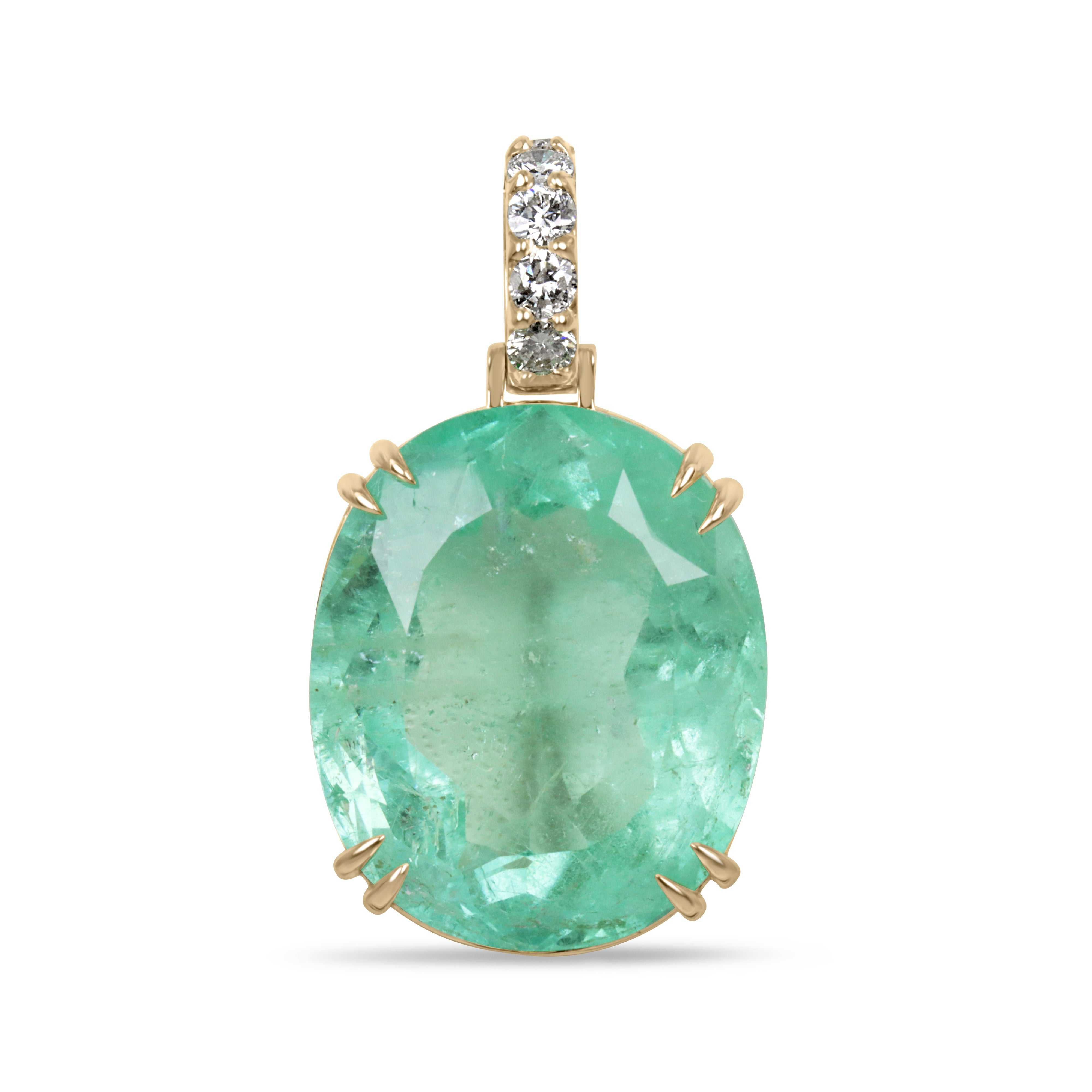 63.14 carat light green oval Colombian emerald pendant with diamond-encrusted 18K yellow gold setting