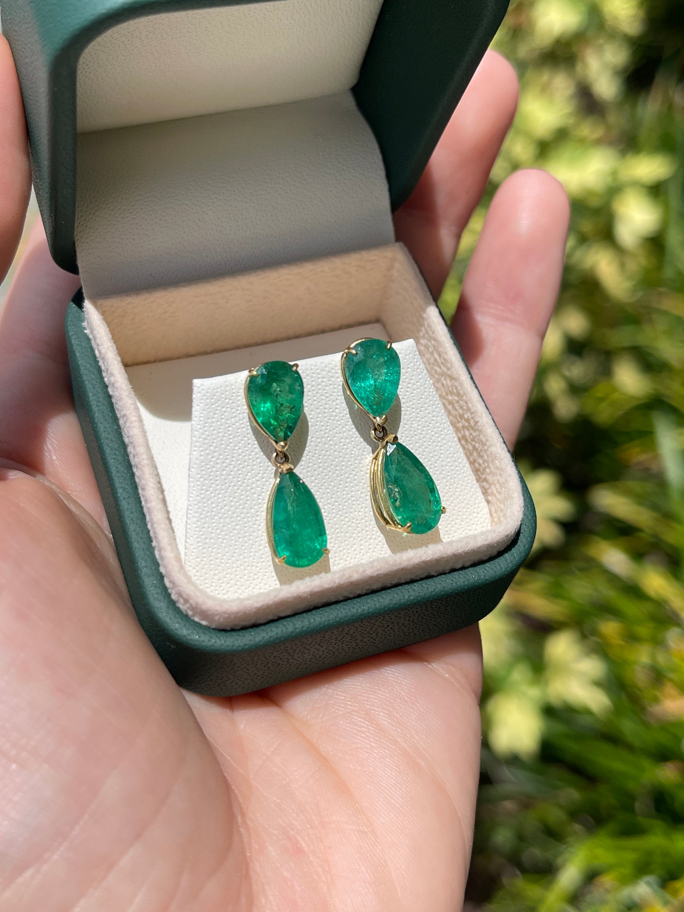 7.20tcw Pear Cut Emerald Dangle Stud Earrings Natural Emeralds 18K - JR Colombian Emeralds