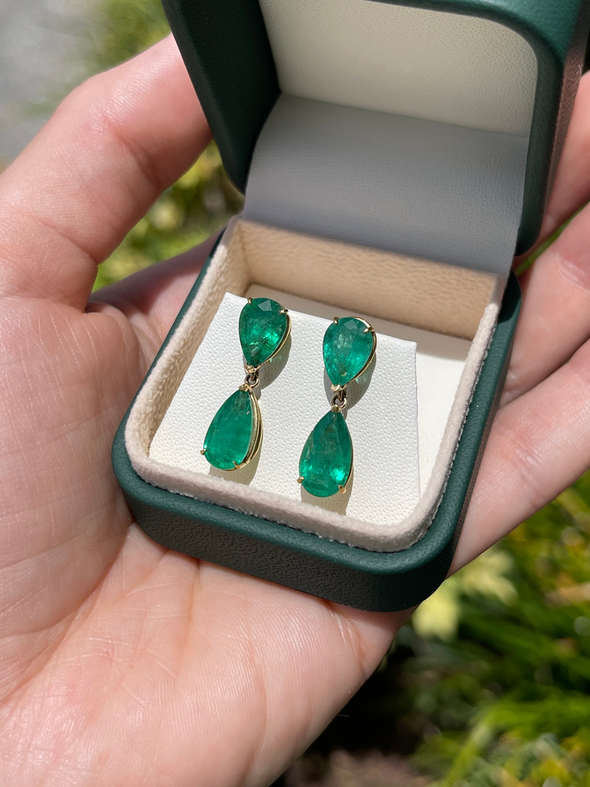7.20tcw Pear Cut Emerald Dangle Stud Earrings Natural Emeralds 18K - JR Colombian Emeralds