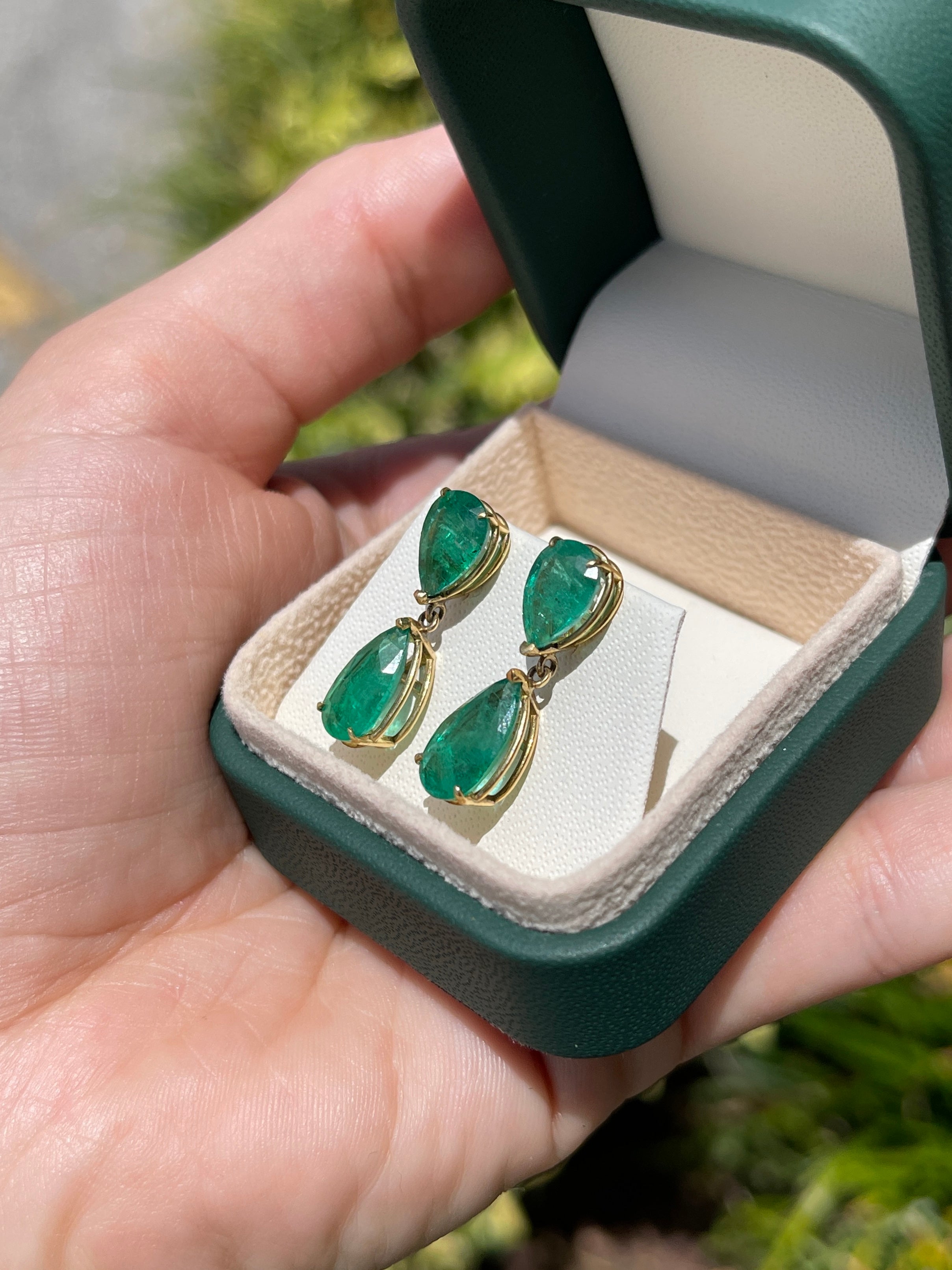 7.20tcw Pear Cut Emerald Dangle Stud Earrings Natural Emeralds 18K - JR Colombian Emeralds