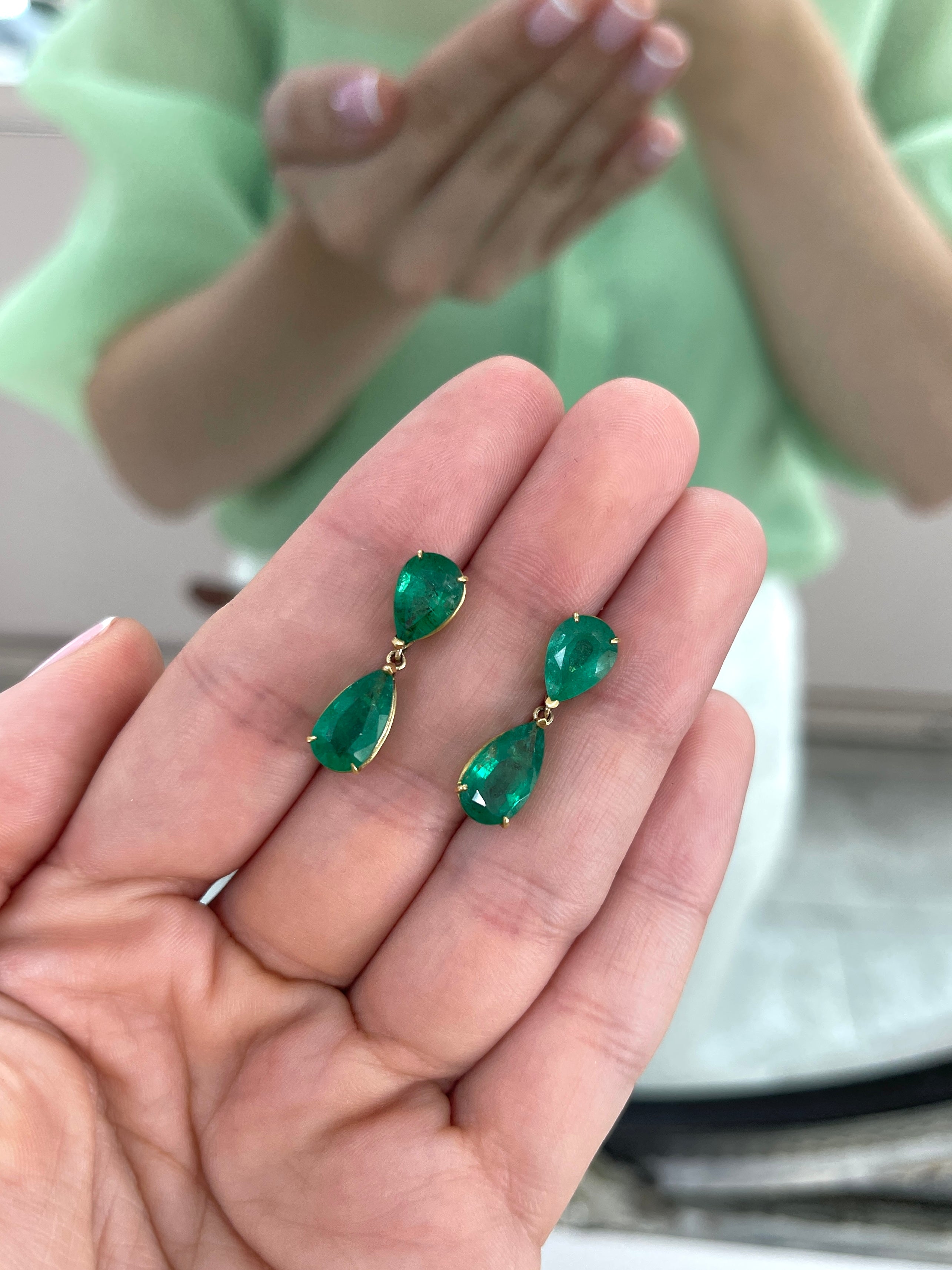 7.20tcw Pear Cut Emerald Dangle Stud Earrings Natural Emeralds 18K - JR Colombian Emeralds