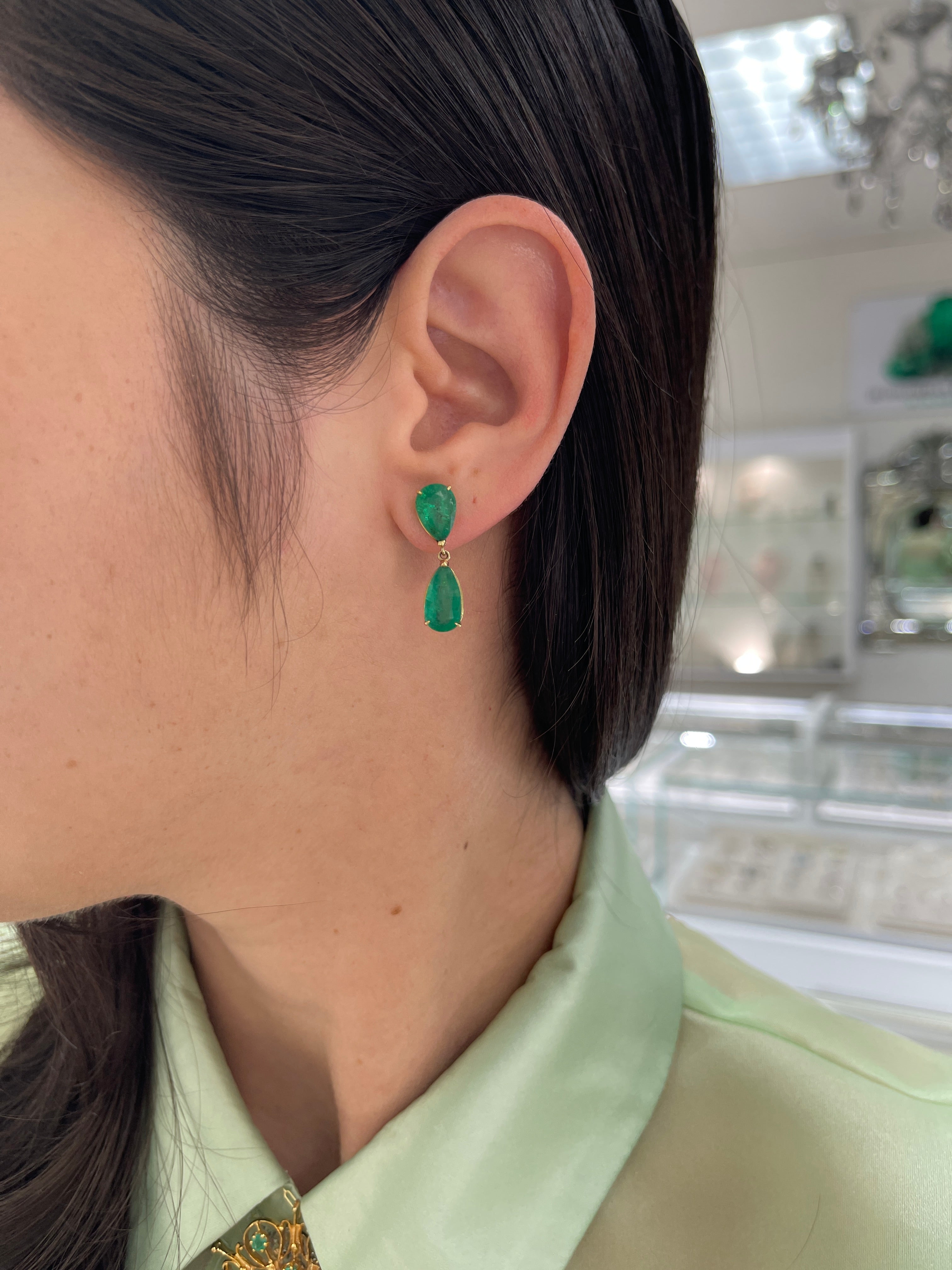 7.20tcw Pear Cut Emerald Dangle Stud Earrings Natural Emeralds 18K - JR Colombian Emeralds
